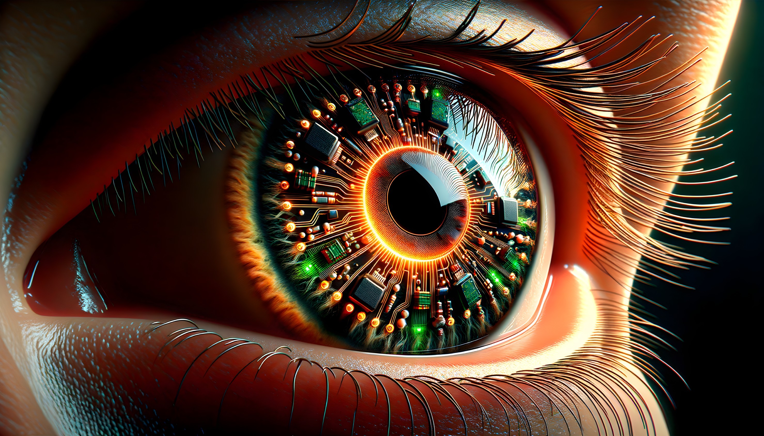 Close-up of an eye with circuit-designed iris