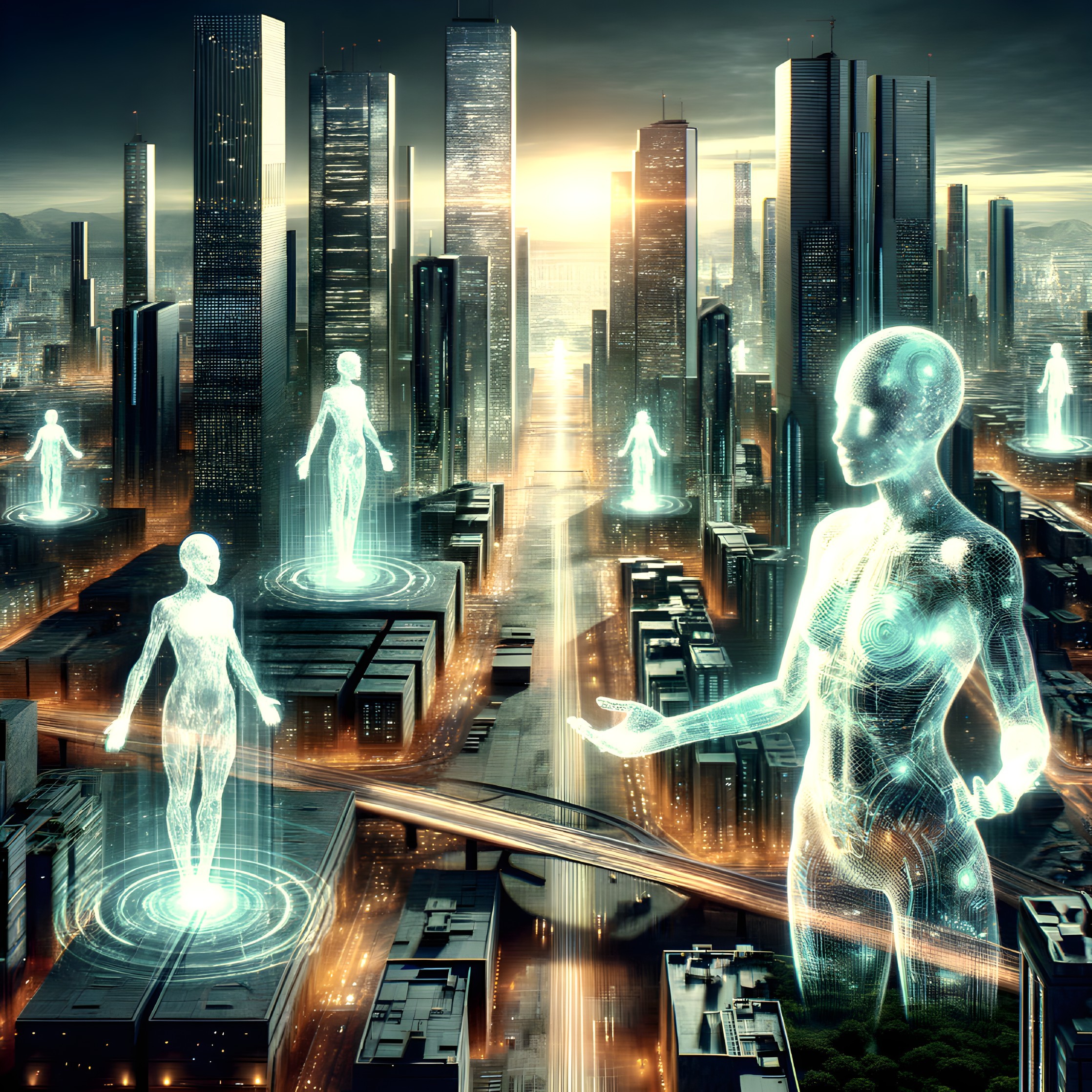 Futuristic cityscape with holograms and illuminated towers