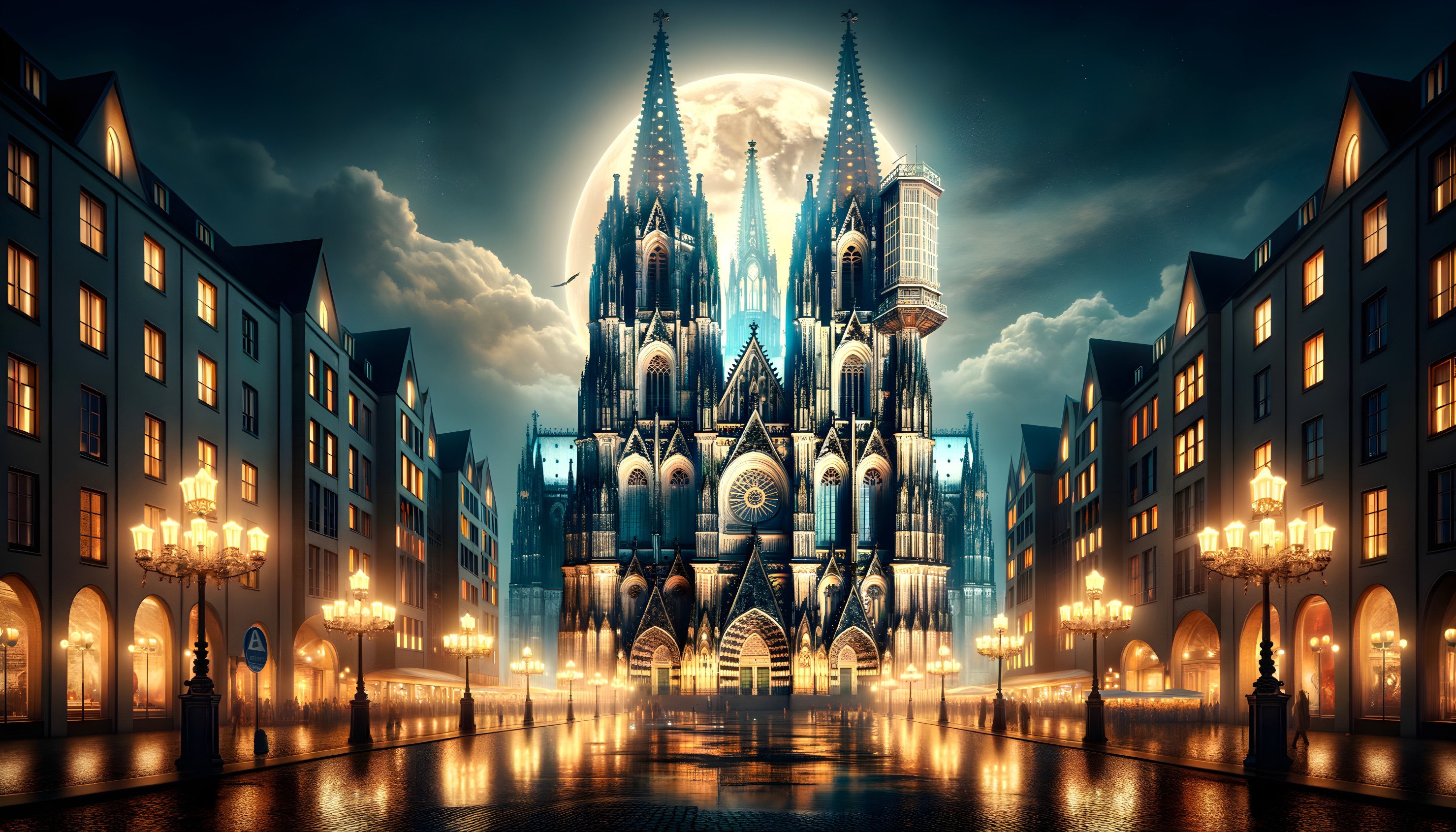 Gothic Cathedral Night Scene with Moonlit Cobblestones