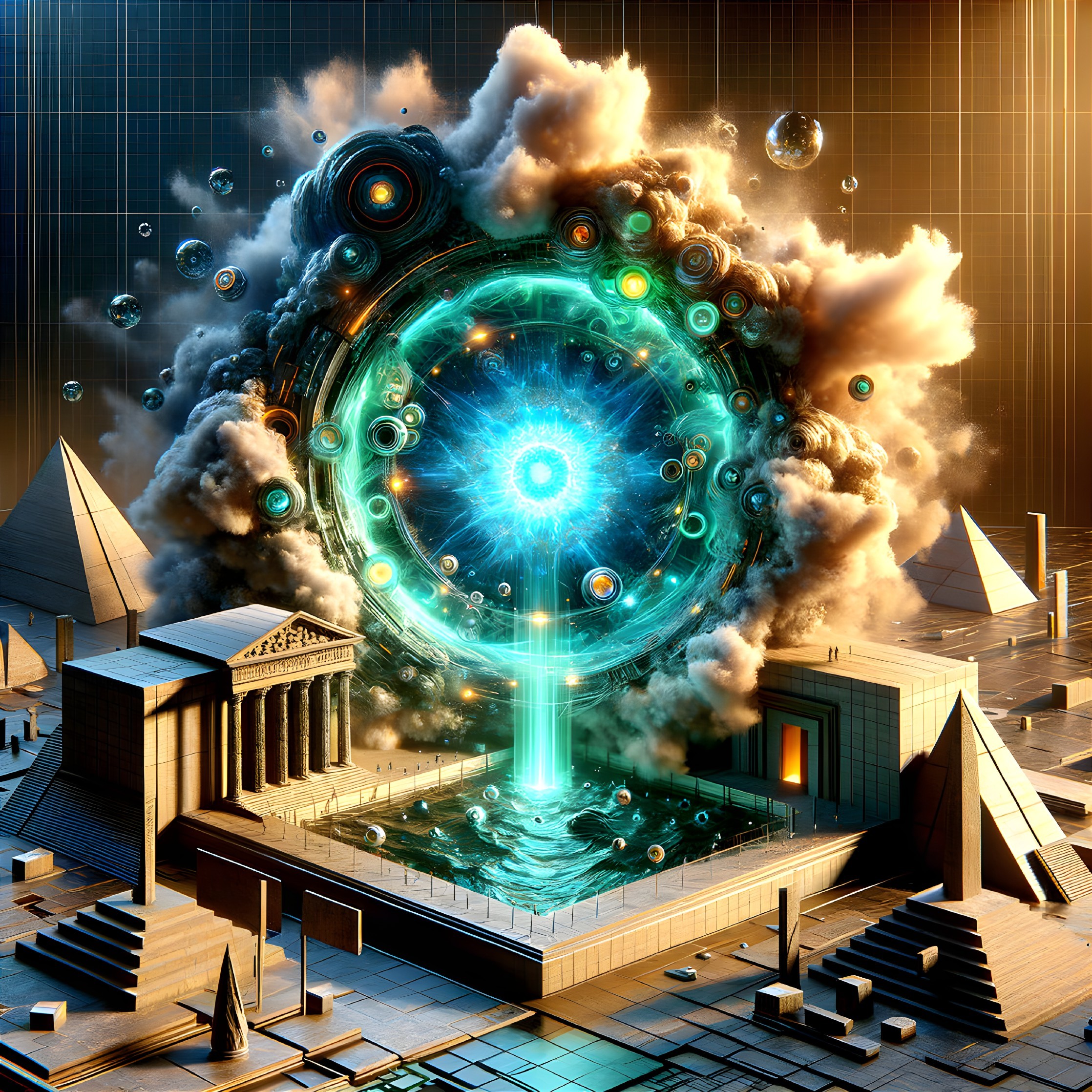 Sci-fi Portal with Patterns Near Egyptian Pyramids