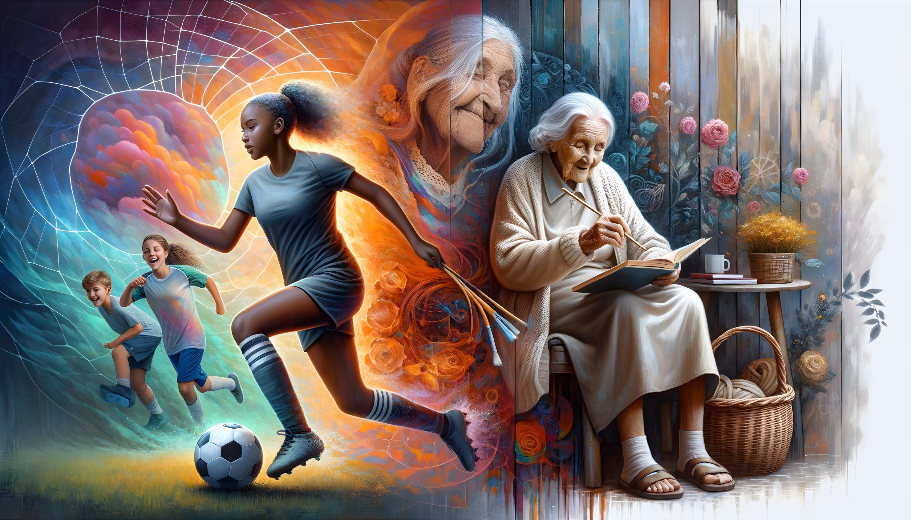 Vibrant Artwork of Soccer Match and Reading Lady