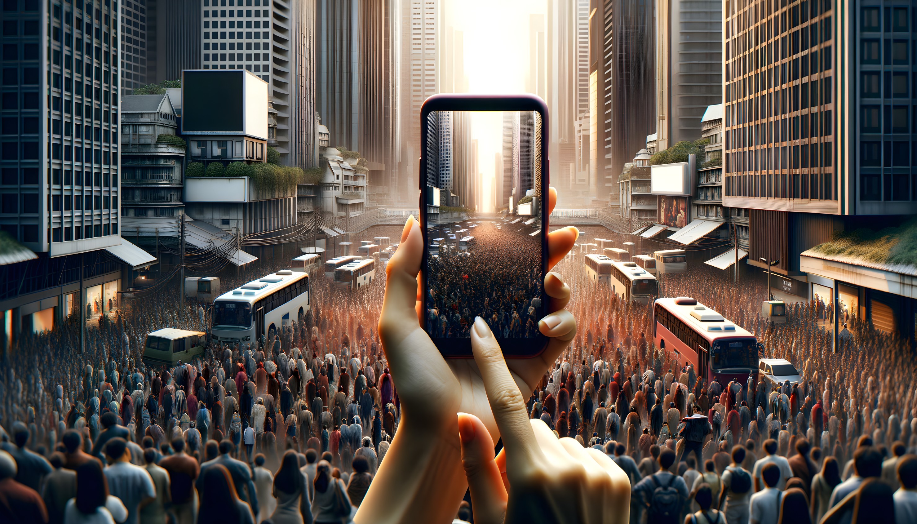 Hands Holding Smartphone at Urban Protest Scene
