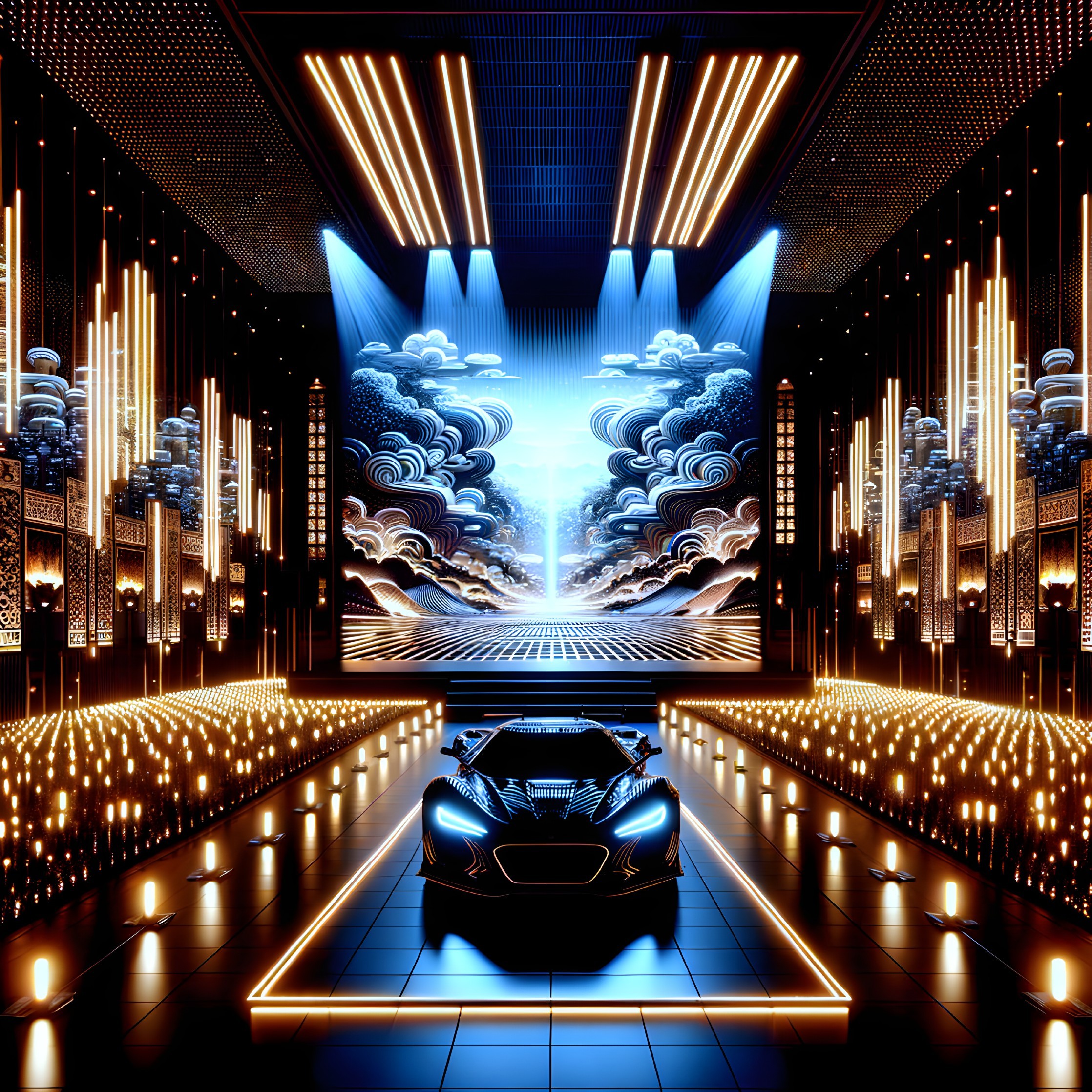 Futuristic Car in Neon-Lit Corridor with Artworks