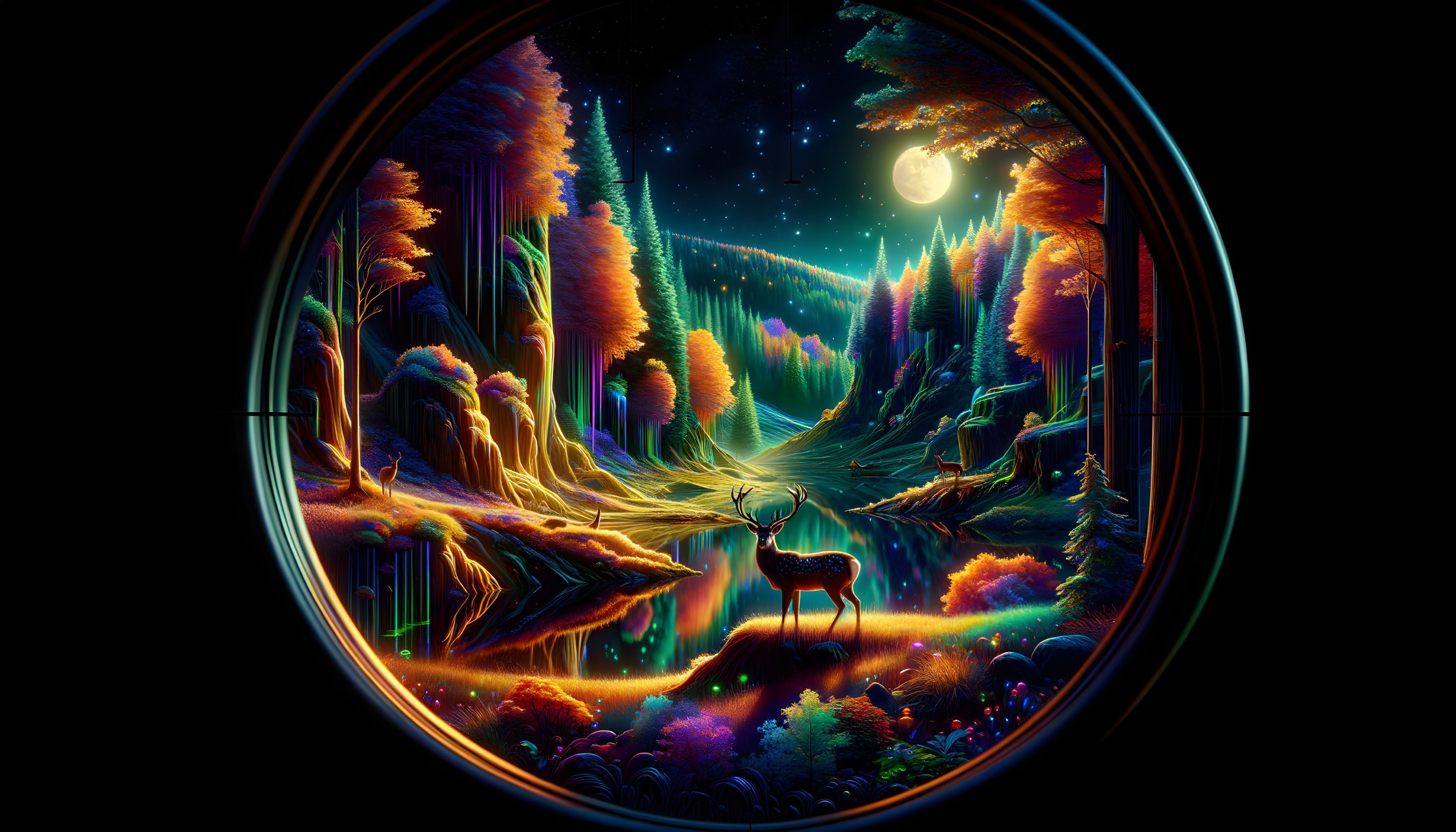 Vibrant Stag in Luminous Forest Under Starry Sky