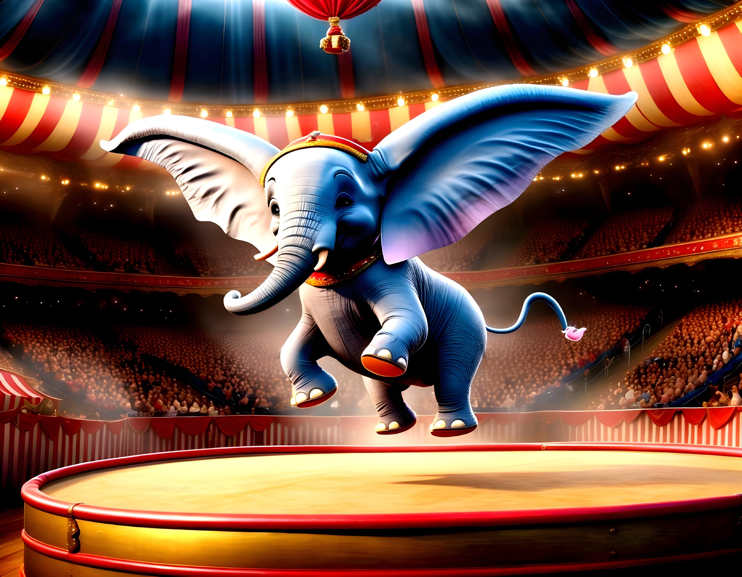 Vibrant Circus Scene with Leaping Blue Elephant
