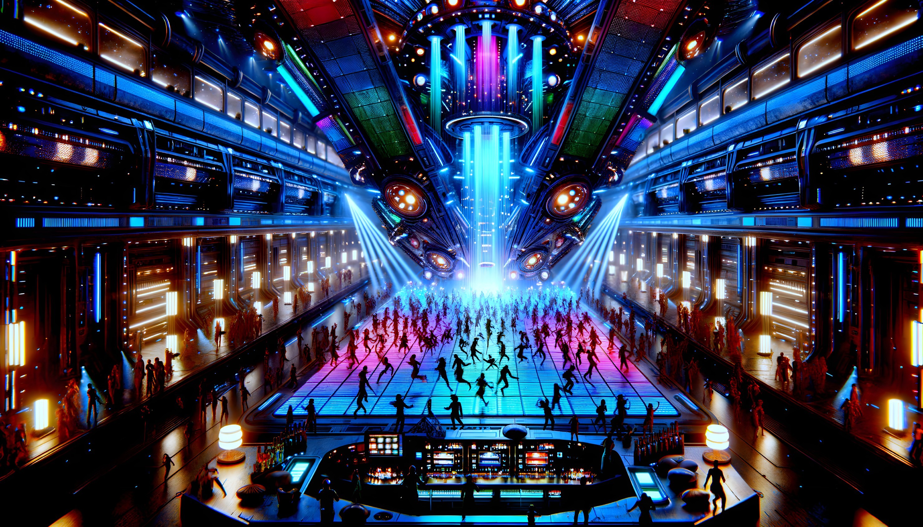 Futuristic Dance Club with Neon Lights and DJ Booth