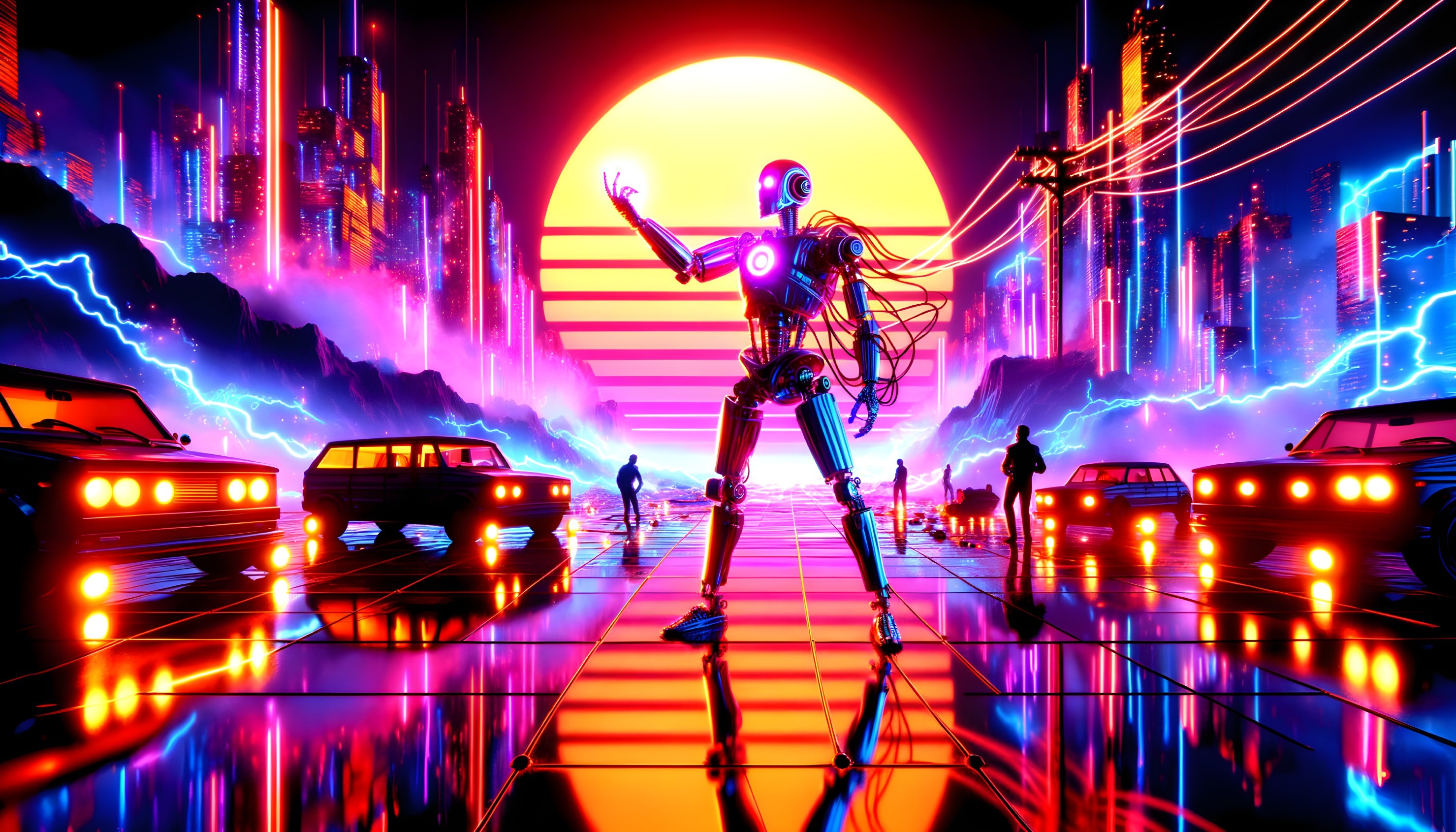 Futuristic cityscape with neon colors and robots