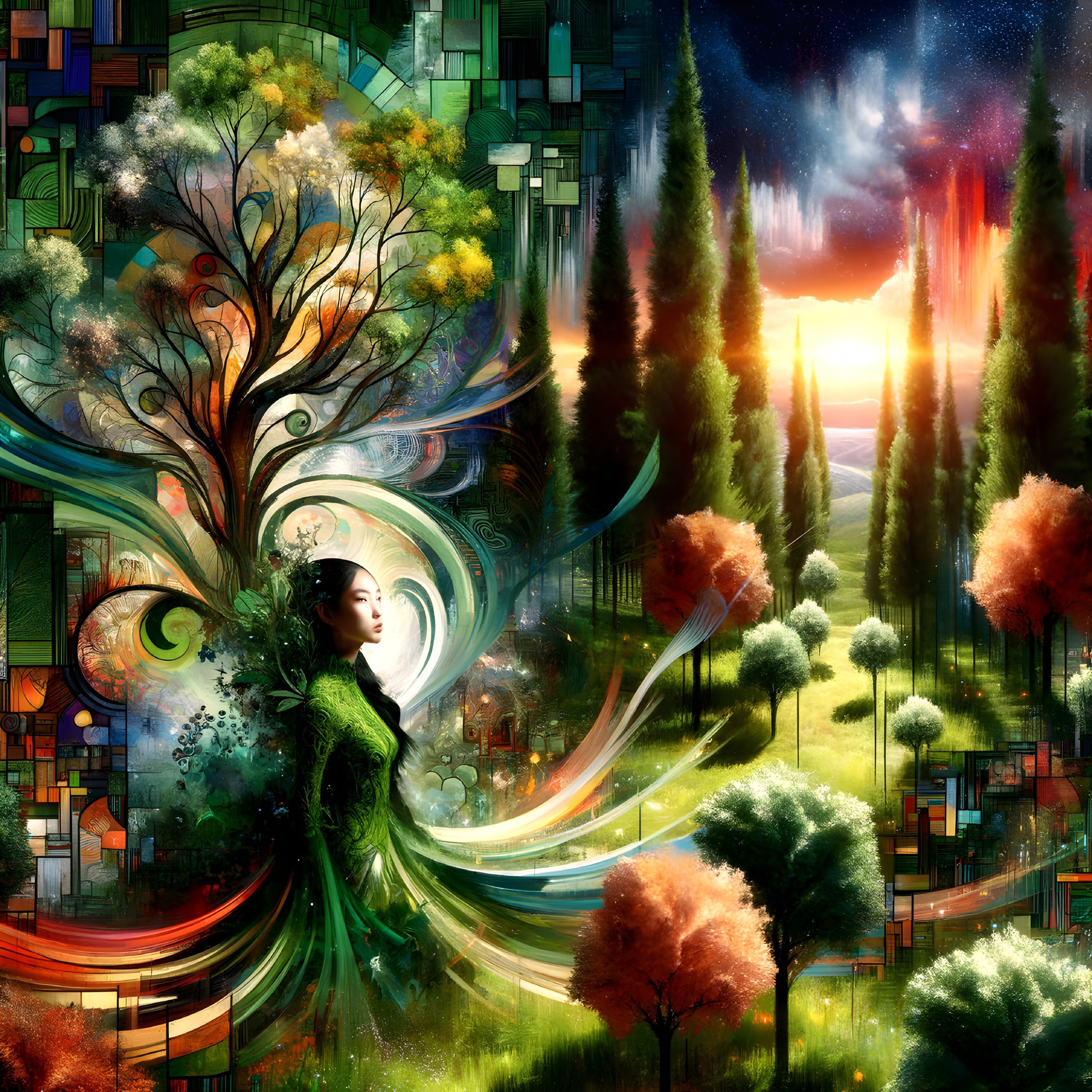 Fantastical Scene of Woman in Green Amidst Nature