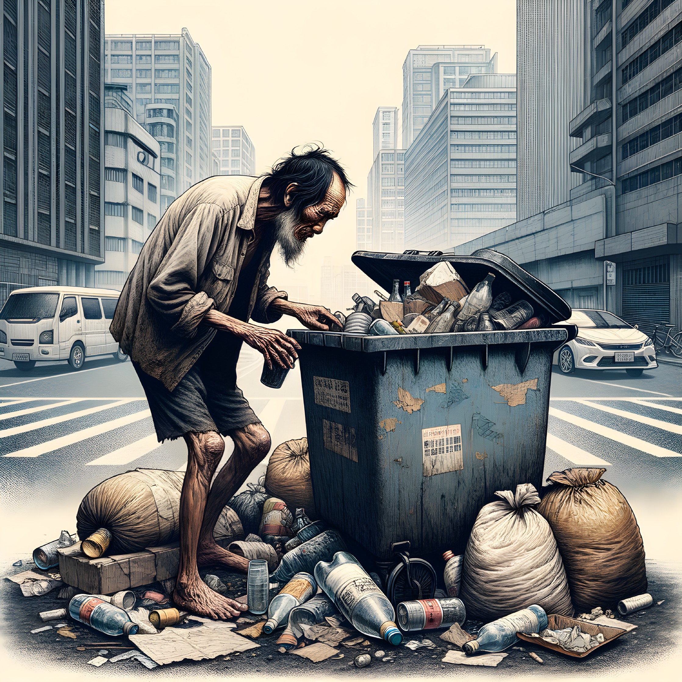 Elderly Man Scavenging in Urban Dumpster Scene