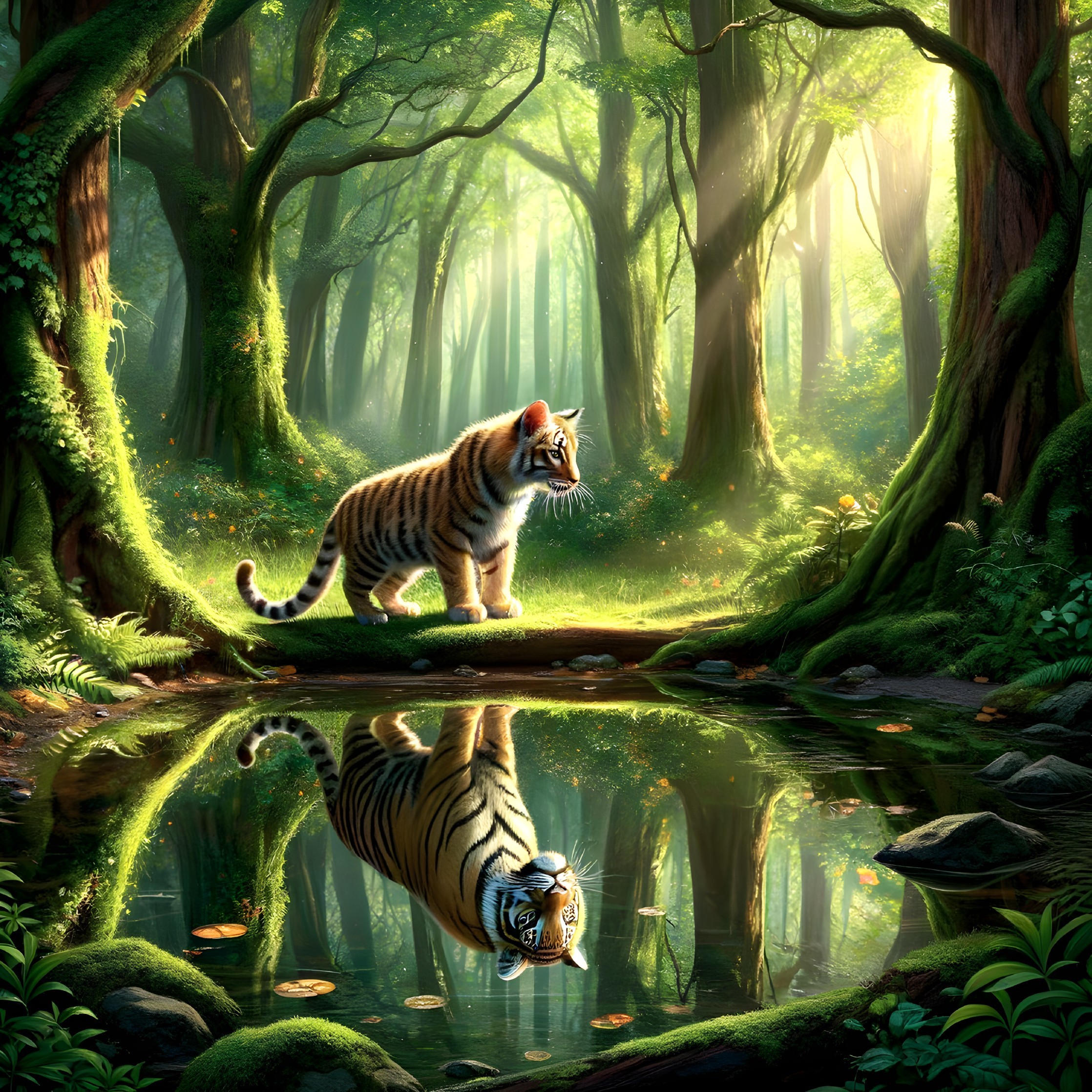 Tiger Reflected in Tranquil Forest Pond Scene