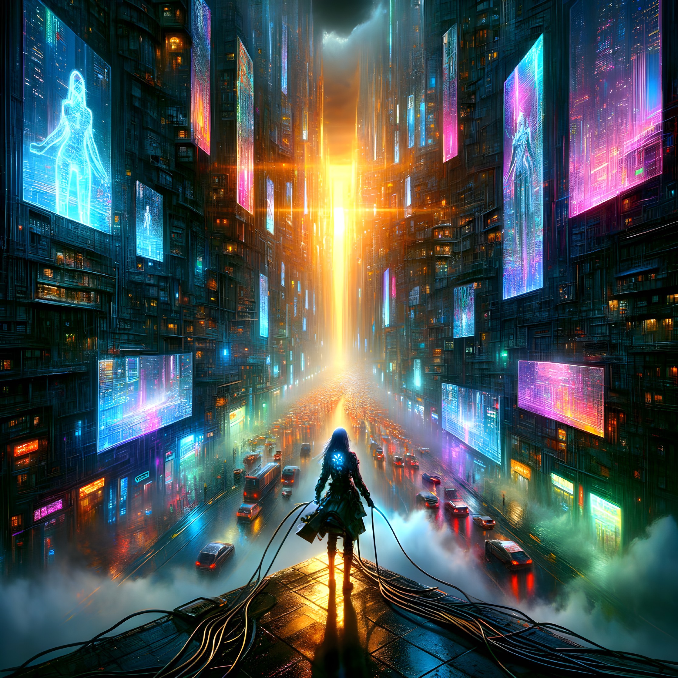 Futuristic cityscape with neon lights and motorcycle figure
