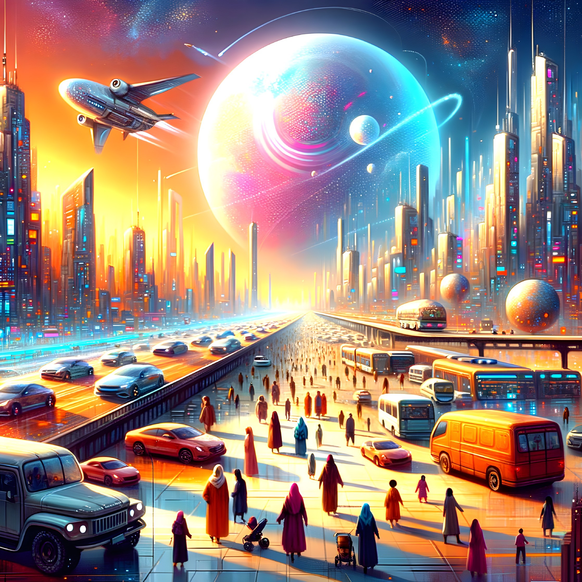 Futuristic cityscape with flying vehicles and vibrant sky