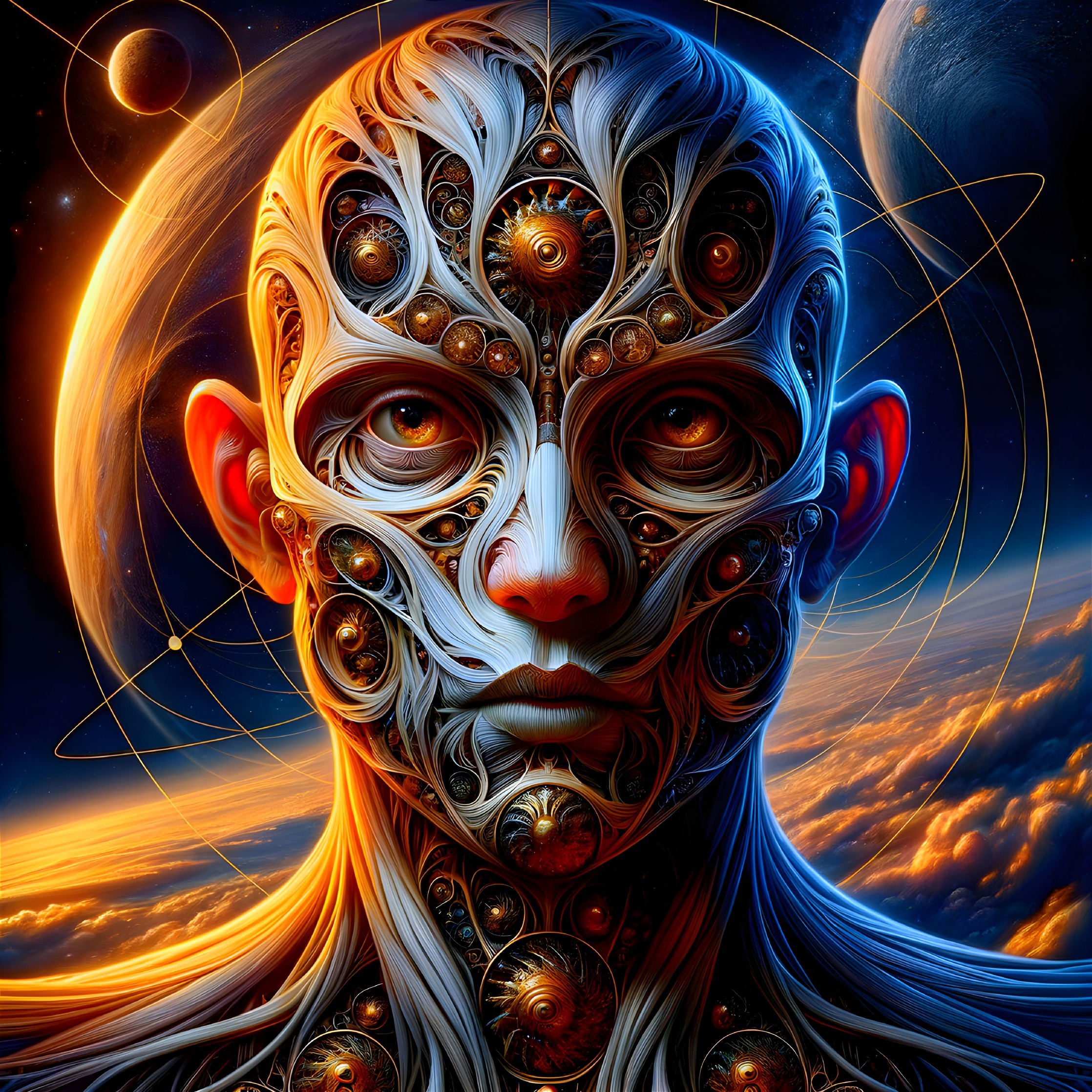 Futuristic Face with Metallic Designs and Cosmic Background