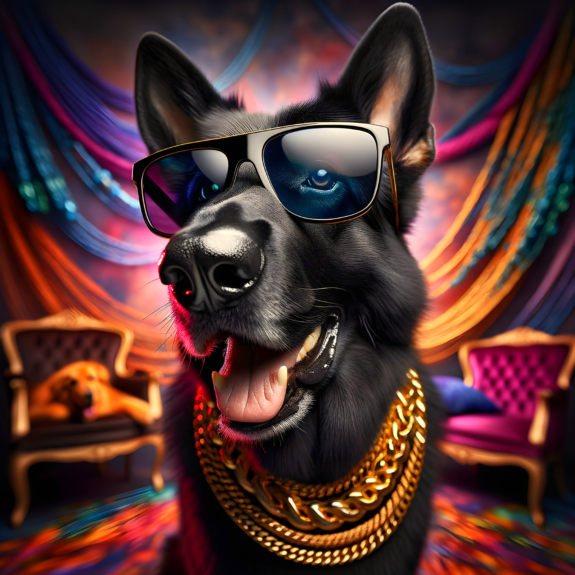 Stylish Black Dog in Sunglasses and Gold Chain