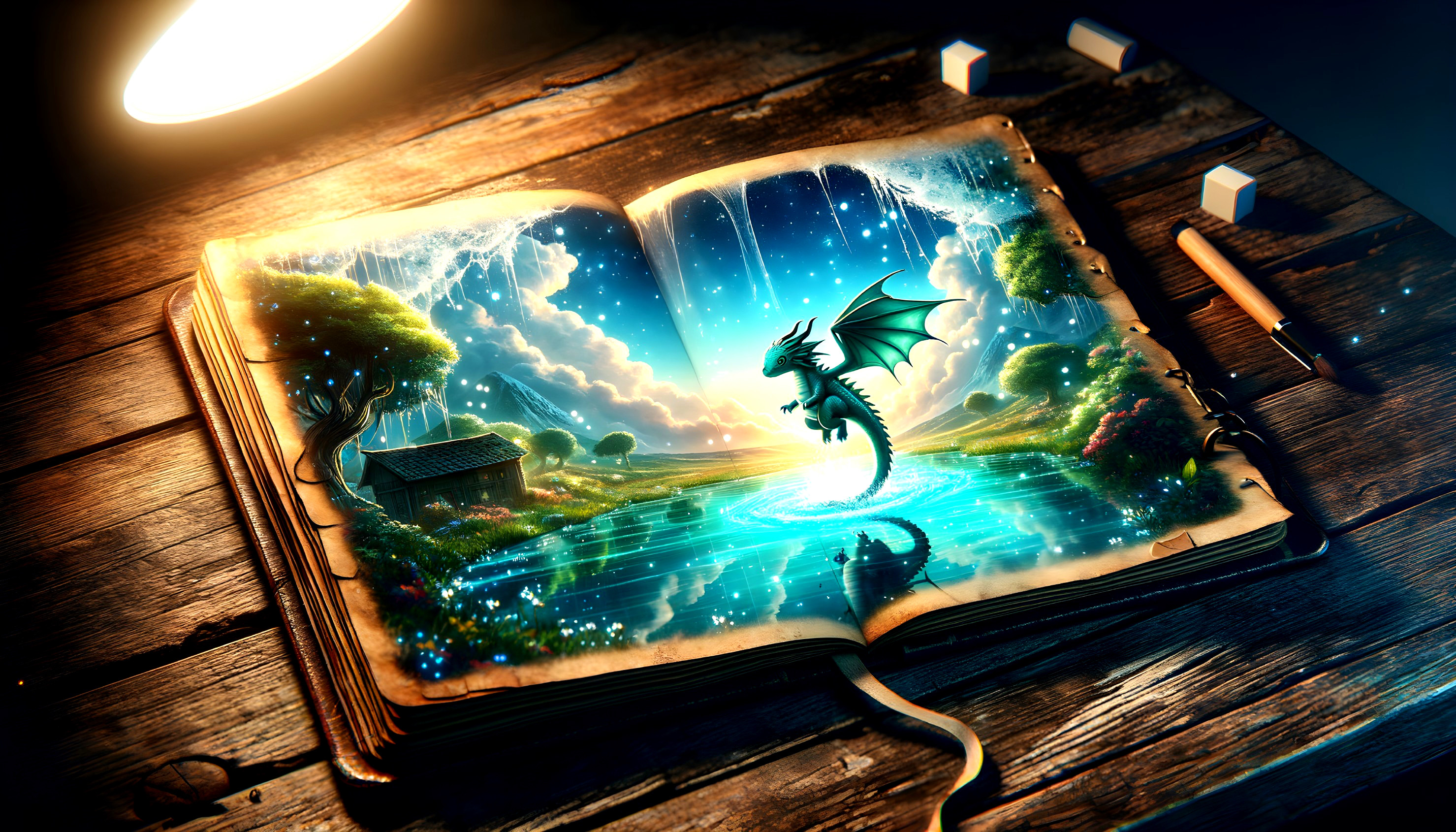 Magical Book with Glowing Illustrations and Dragon Scene