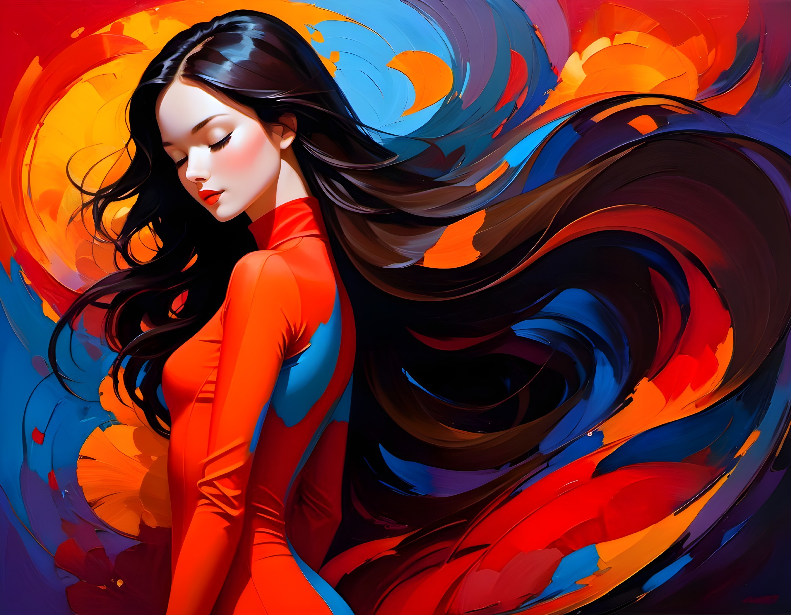 Vibrant Digital Artwork of a Woman with Flowing Hair