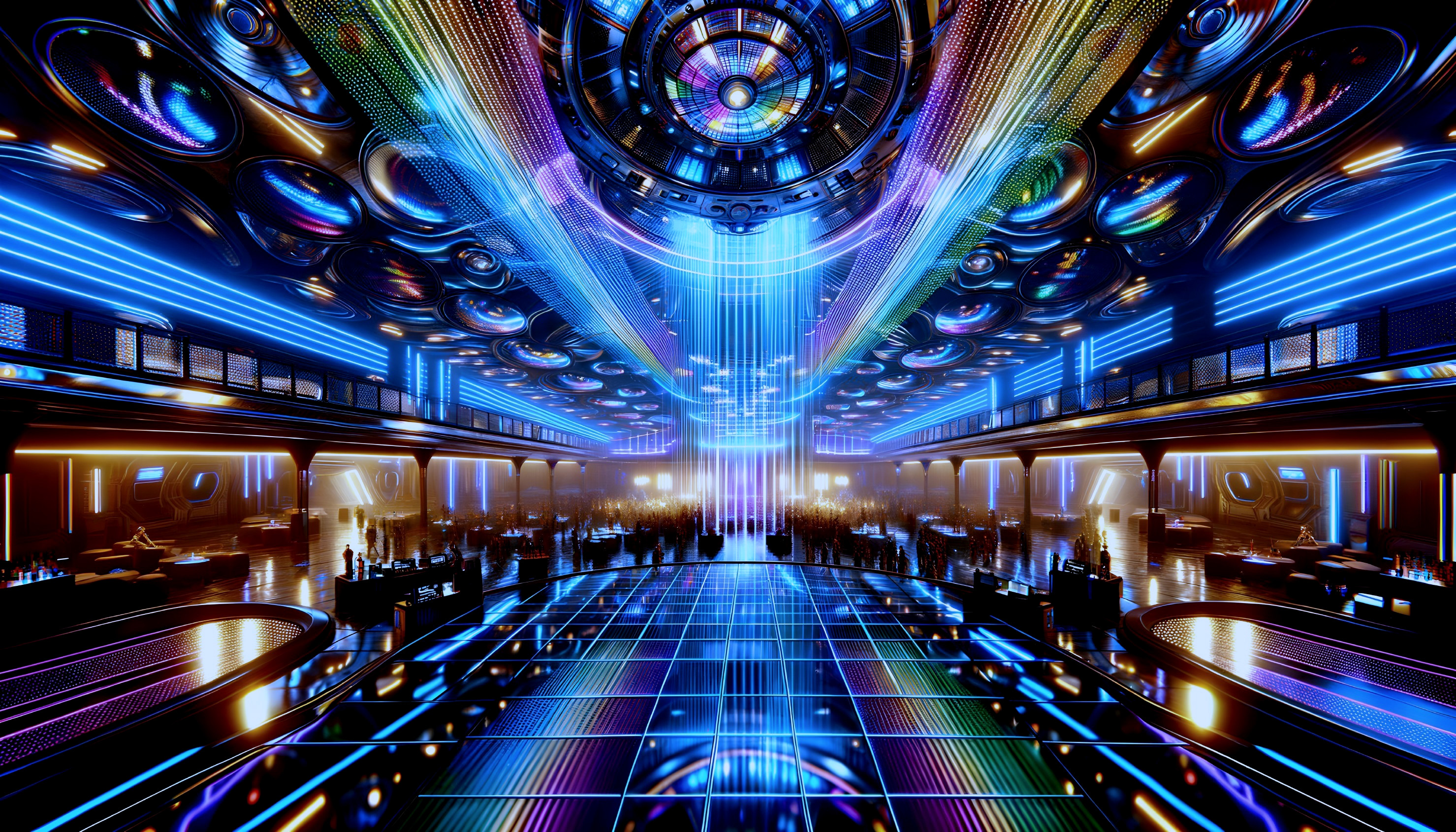 Futuristic Concert Hall with Neon Blue and Purple Lights