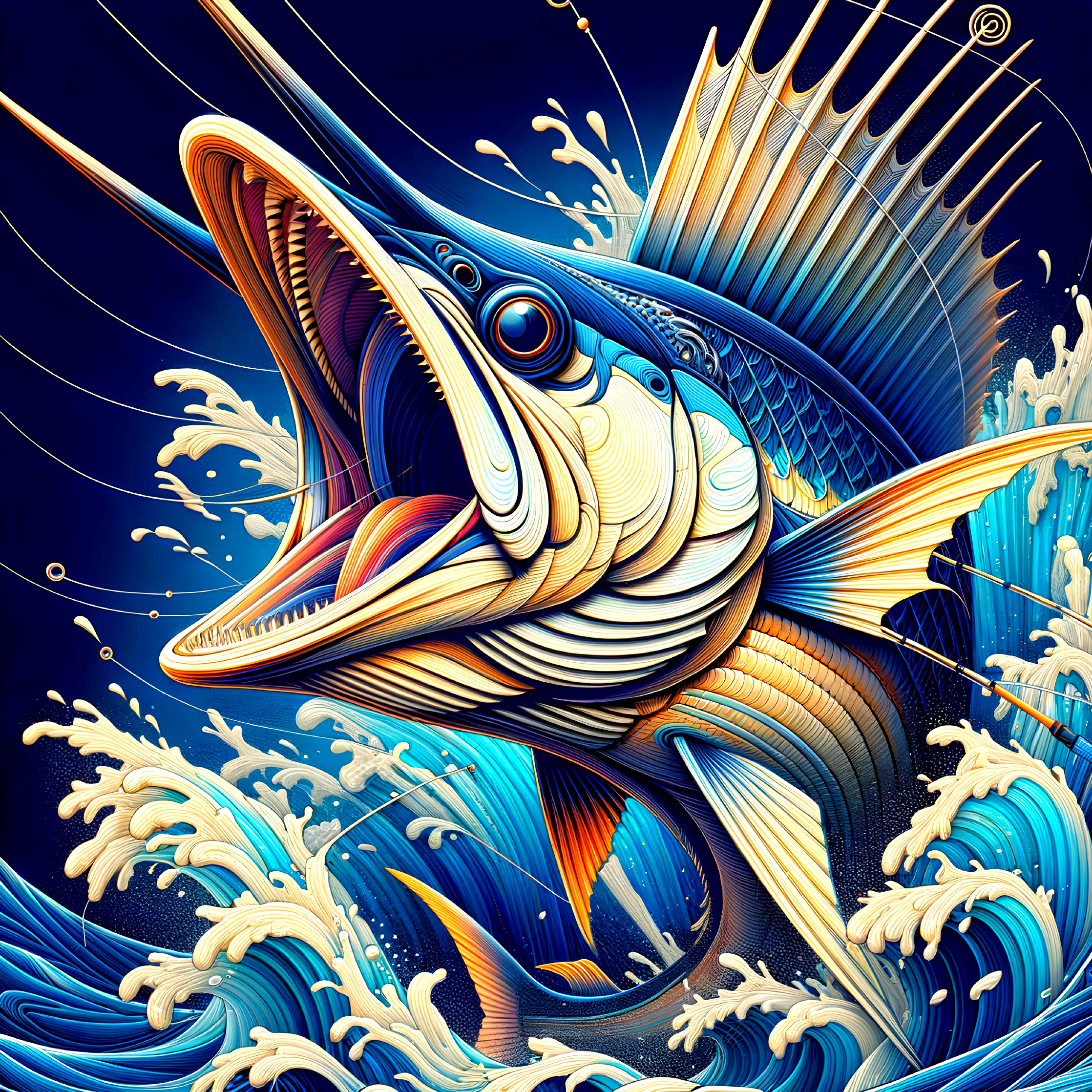 Vibrant Illustration of a Leaping Fish in Ocean Waves