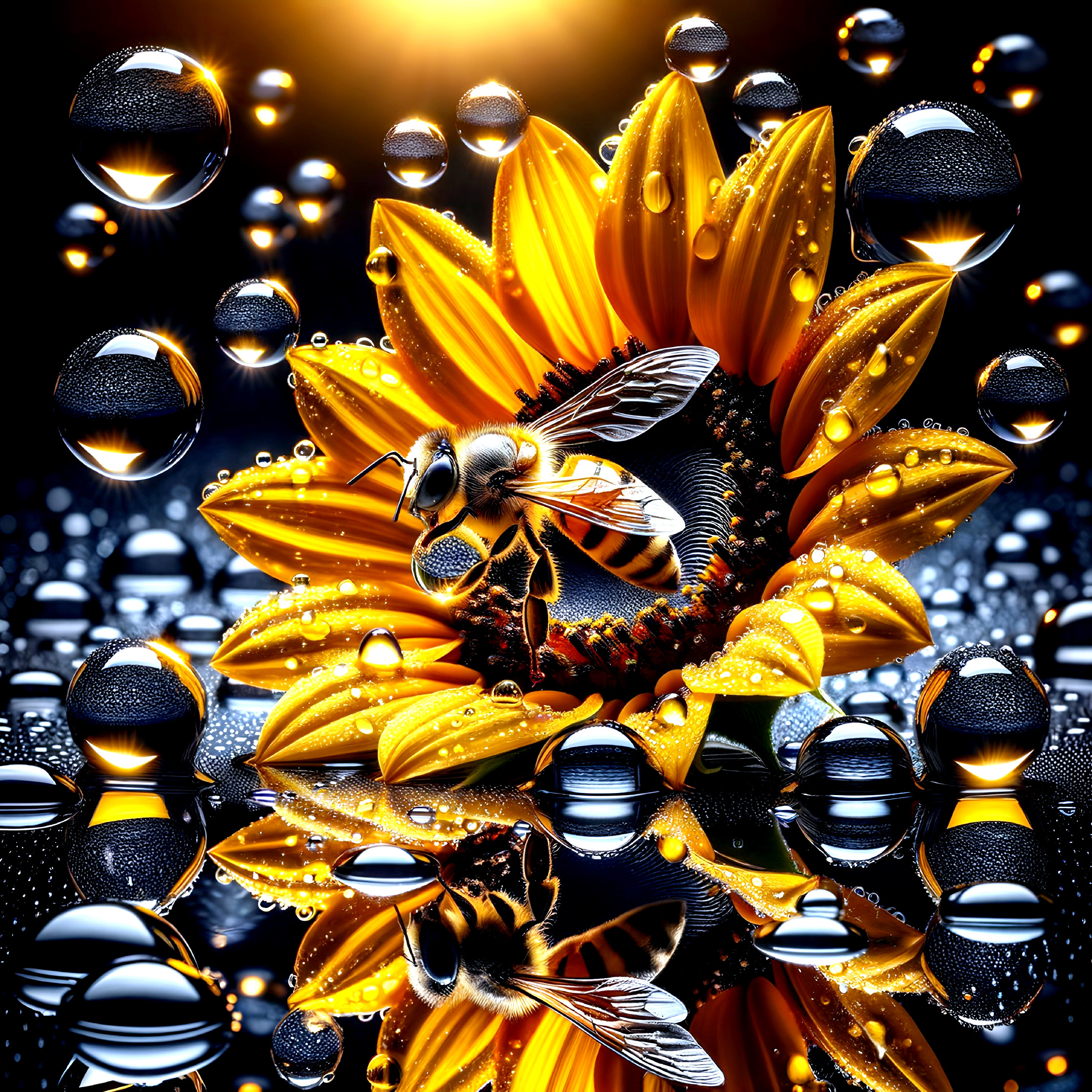 Sunflower with droplets and bee on dark background