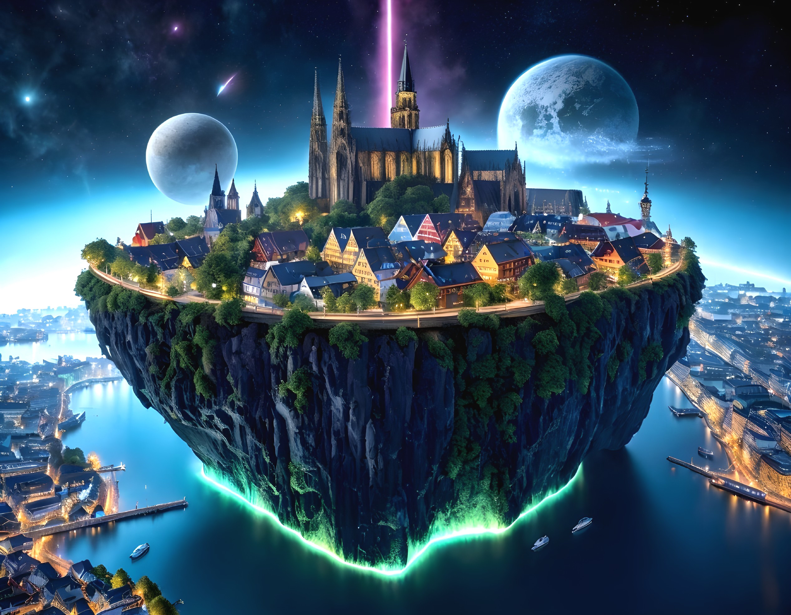Floating Island with Medieval Town and Neon Edges
