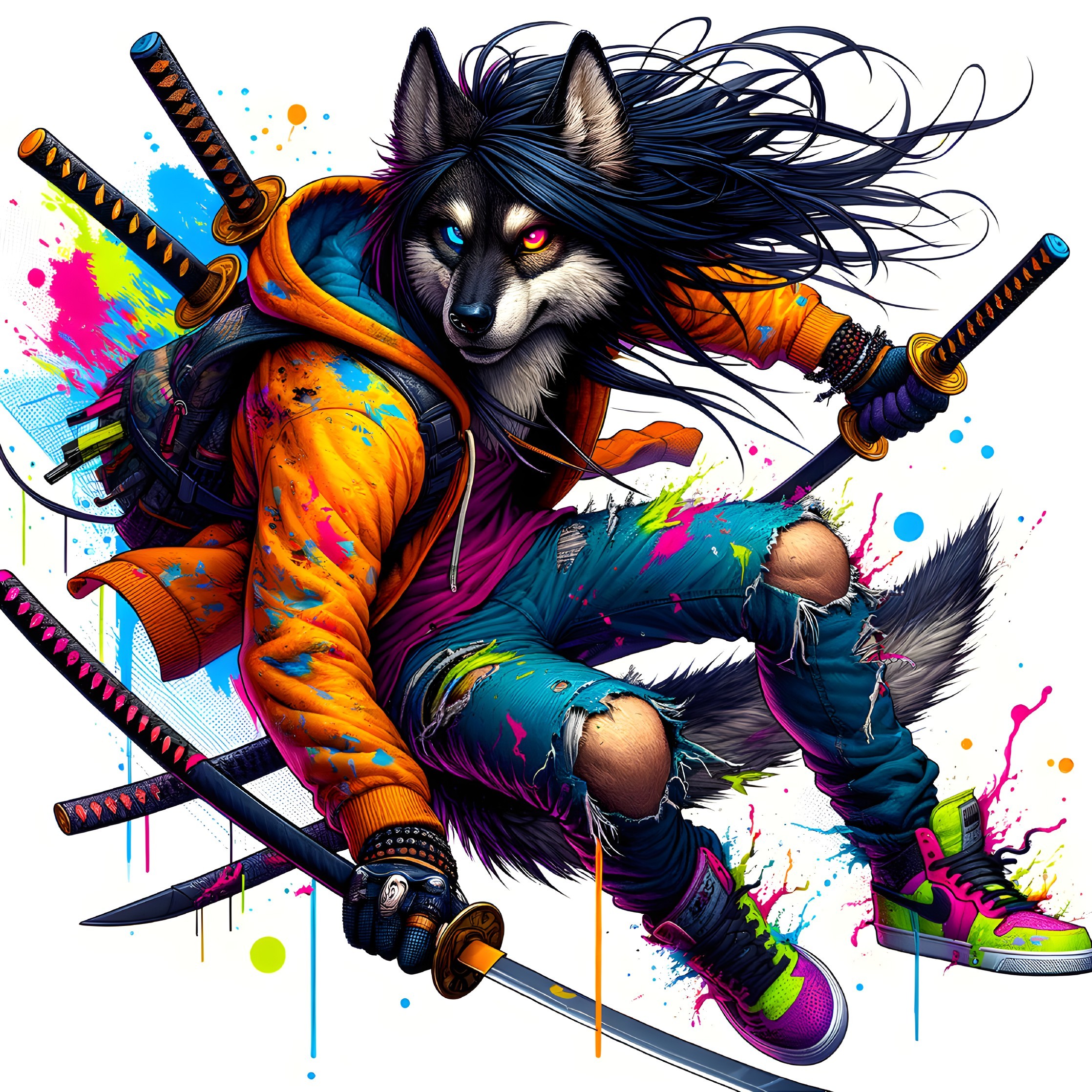 Anthropomorphic wolf in streetwear with swords illustration