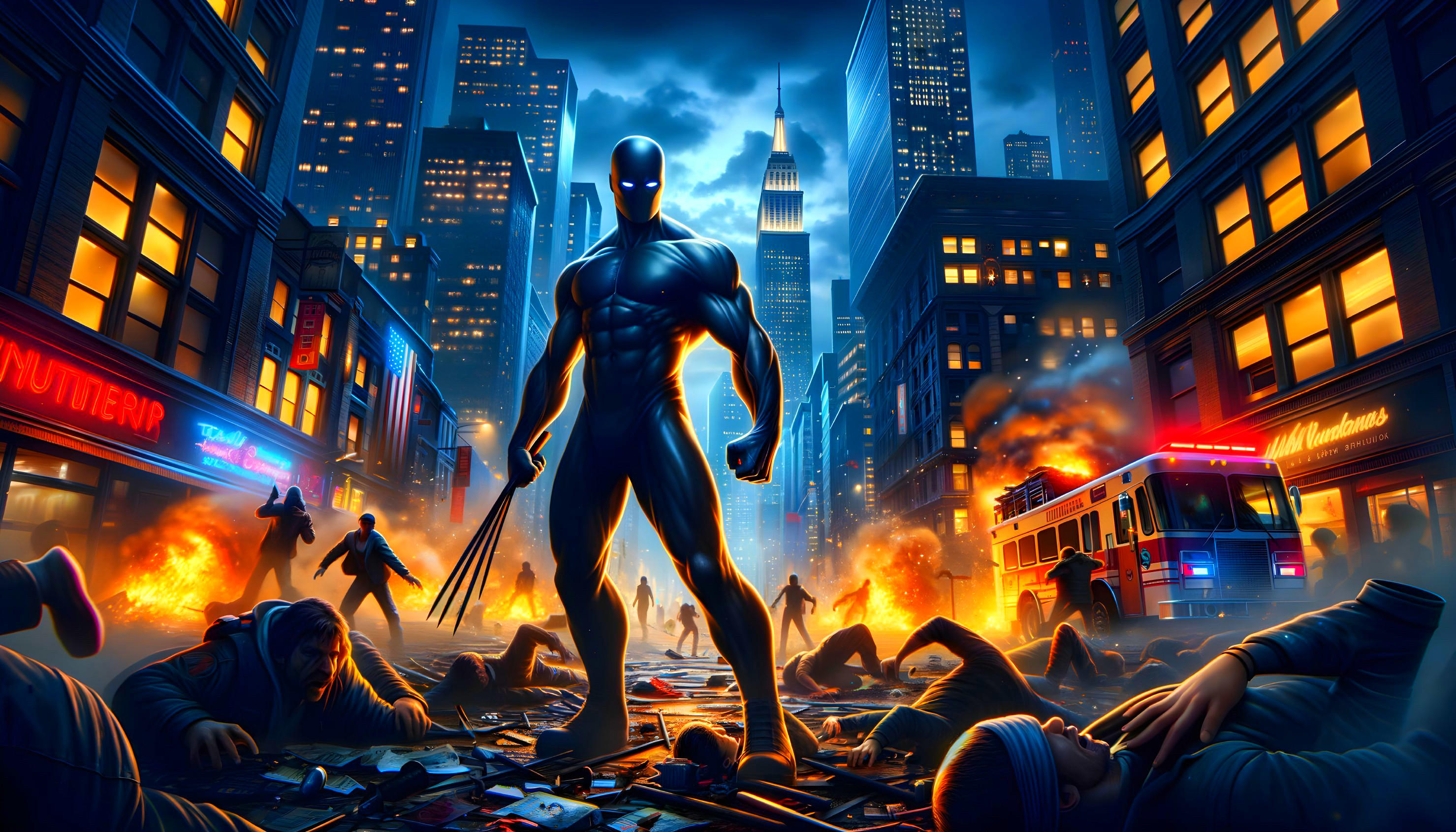 Muscular Figure in Black Costume Amidst Urban Chaos