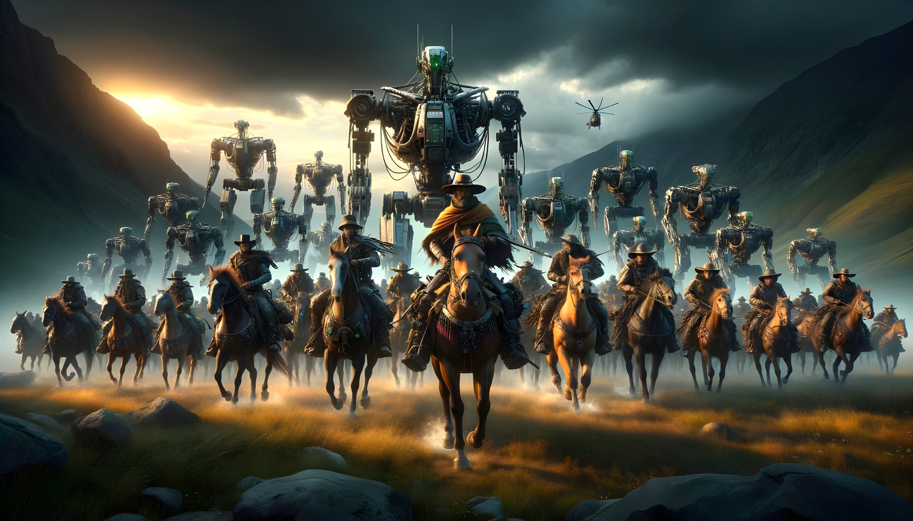 Woman and Robotic Cowboys in Mountain Valley Scene
