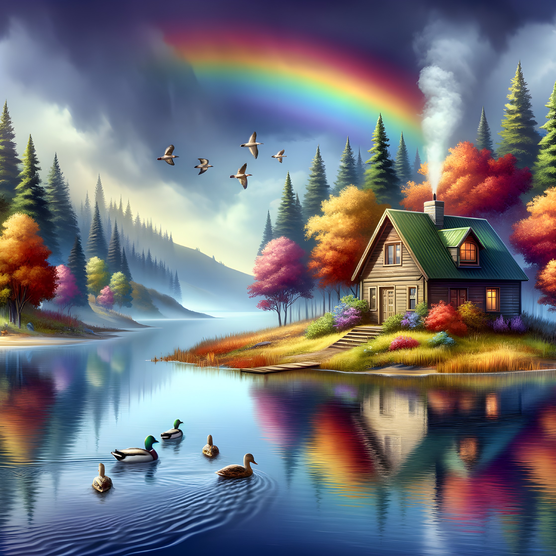 Cozy House by Lake Surrounded by Autumn Colors