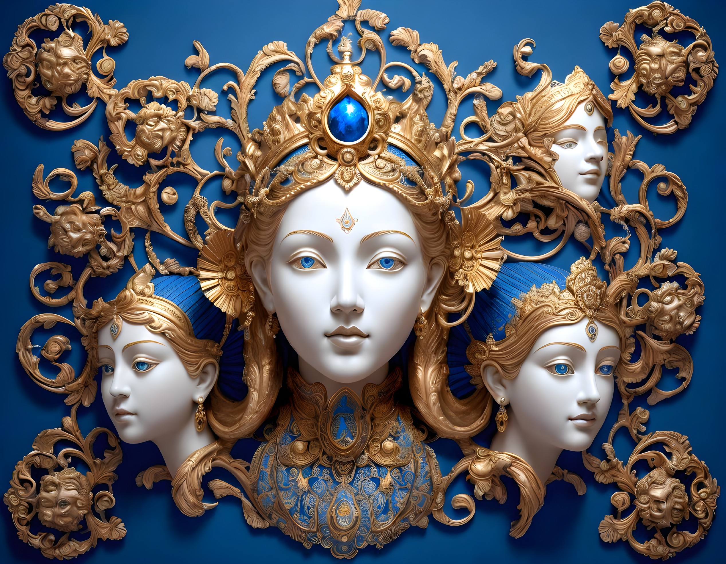 Ornate golden deity sculpture with multiple faces