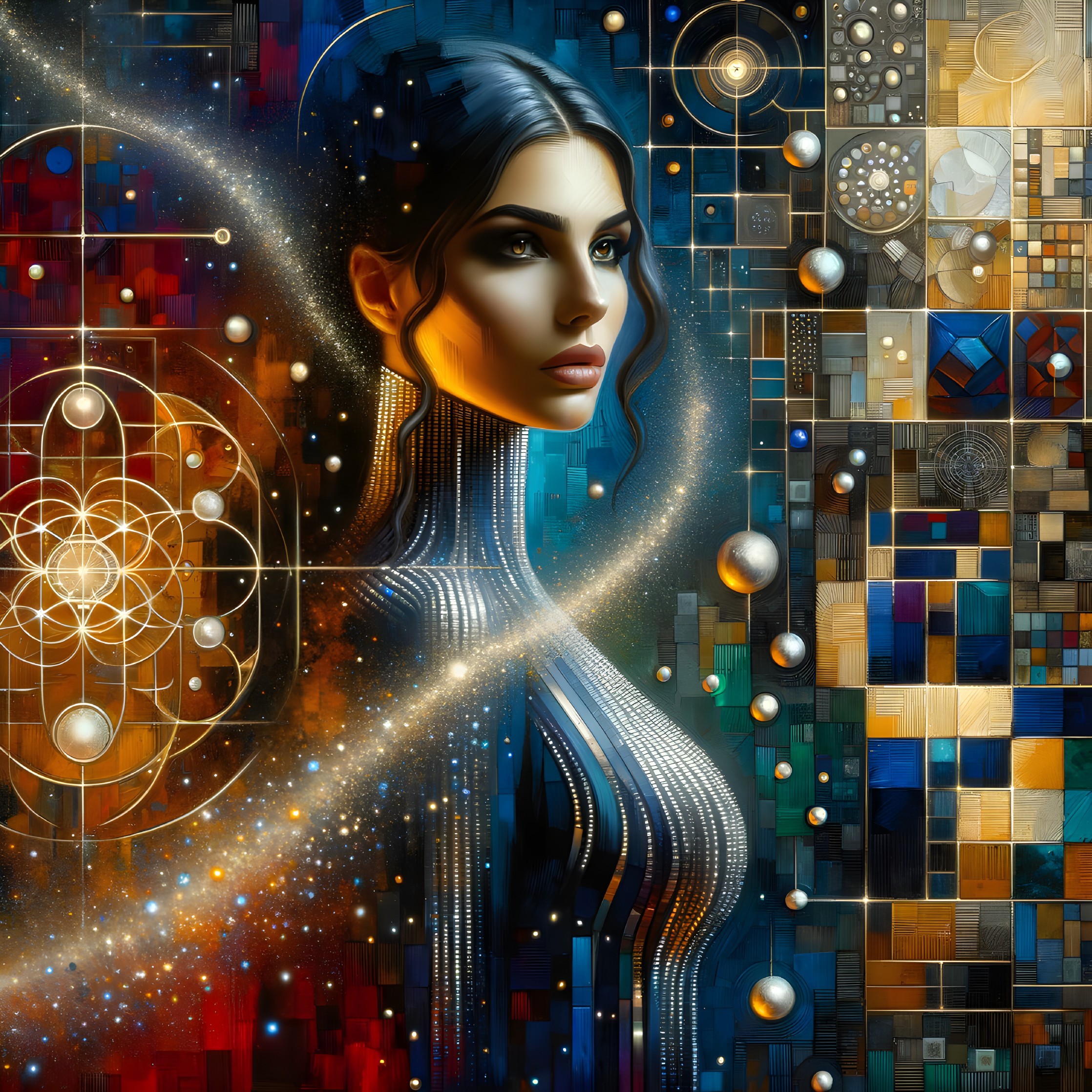 Digital Artwork of Woman with Cosmic and Geometric Elements