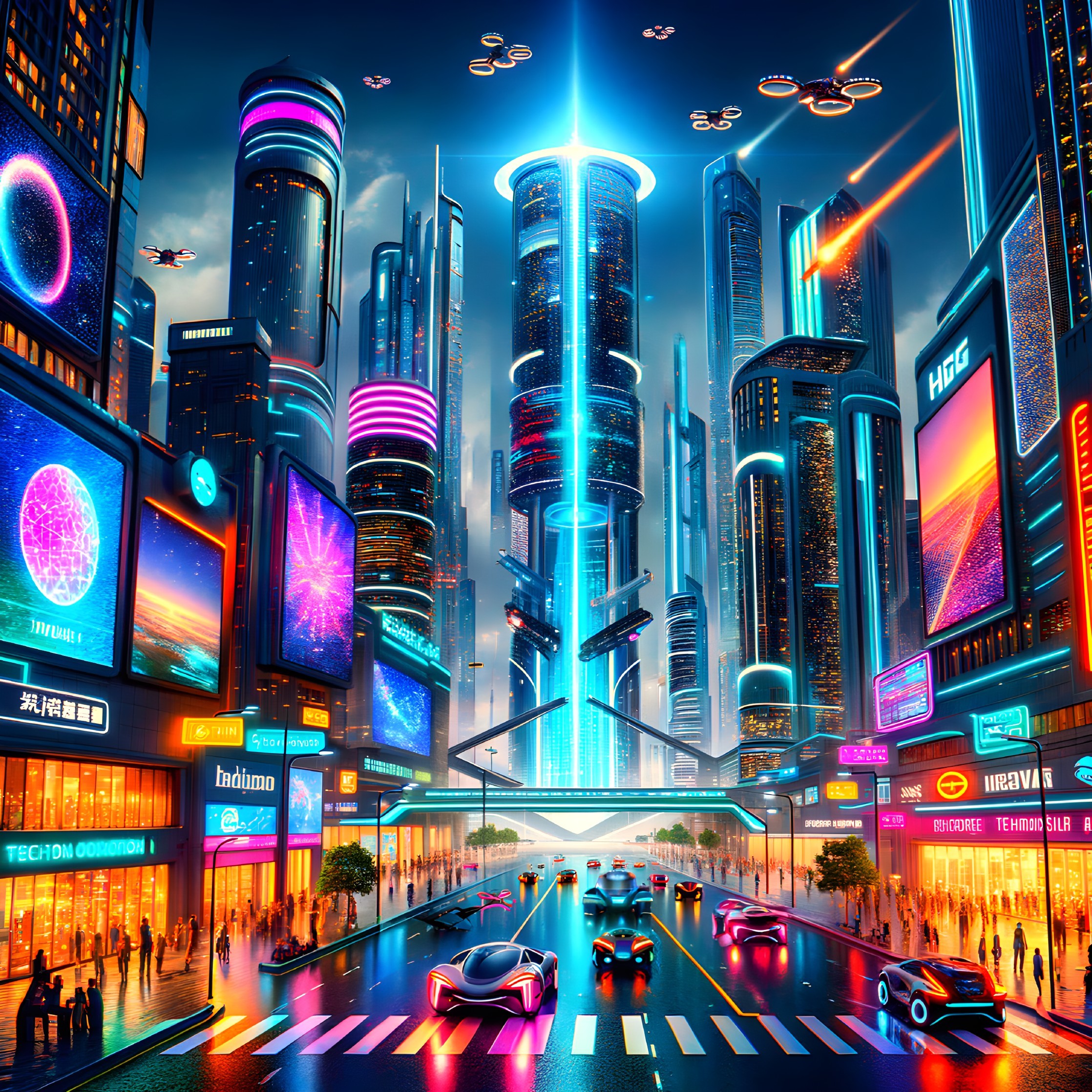 Futuristic cityscape with neon lights and hover vehicles