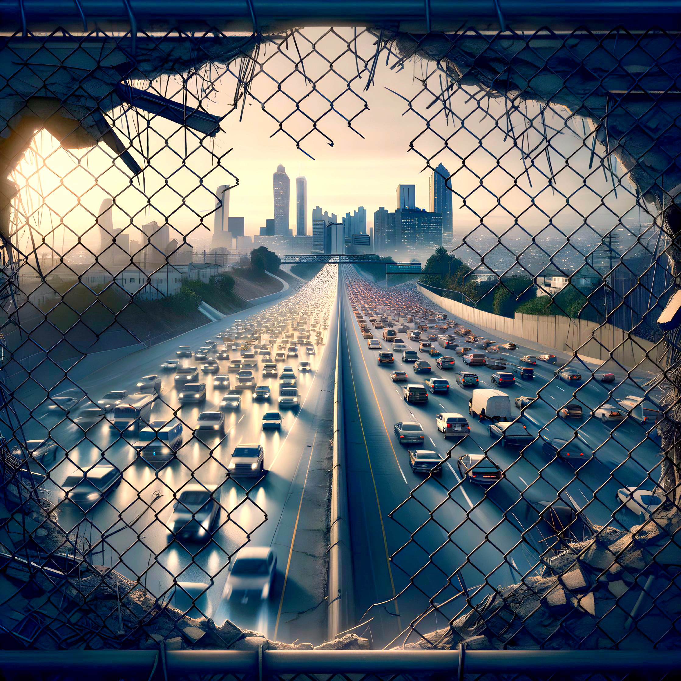City Highway Viewed Through Chain-Link Fence Opening