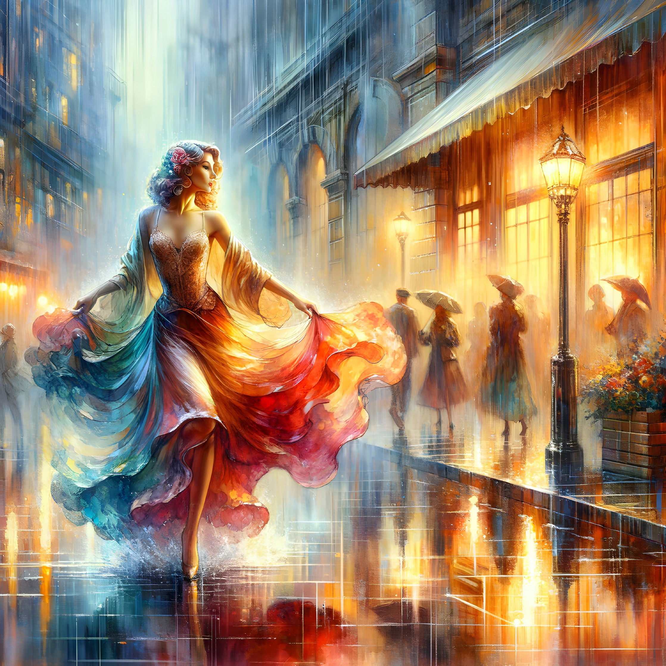 Woman in Colorful Dress Dancing in Rainy Street Scene