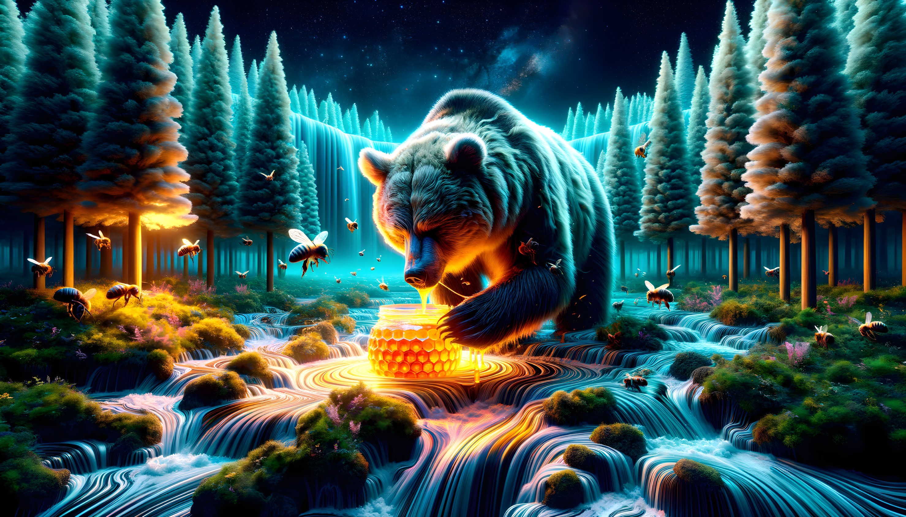 Giant bear and bees near glowing honeycomb in forest