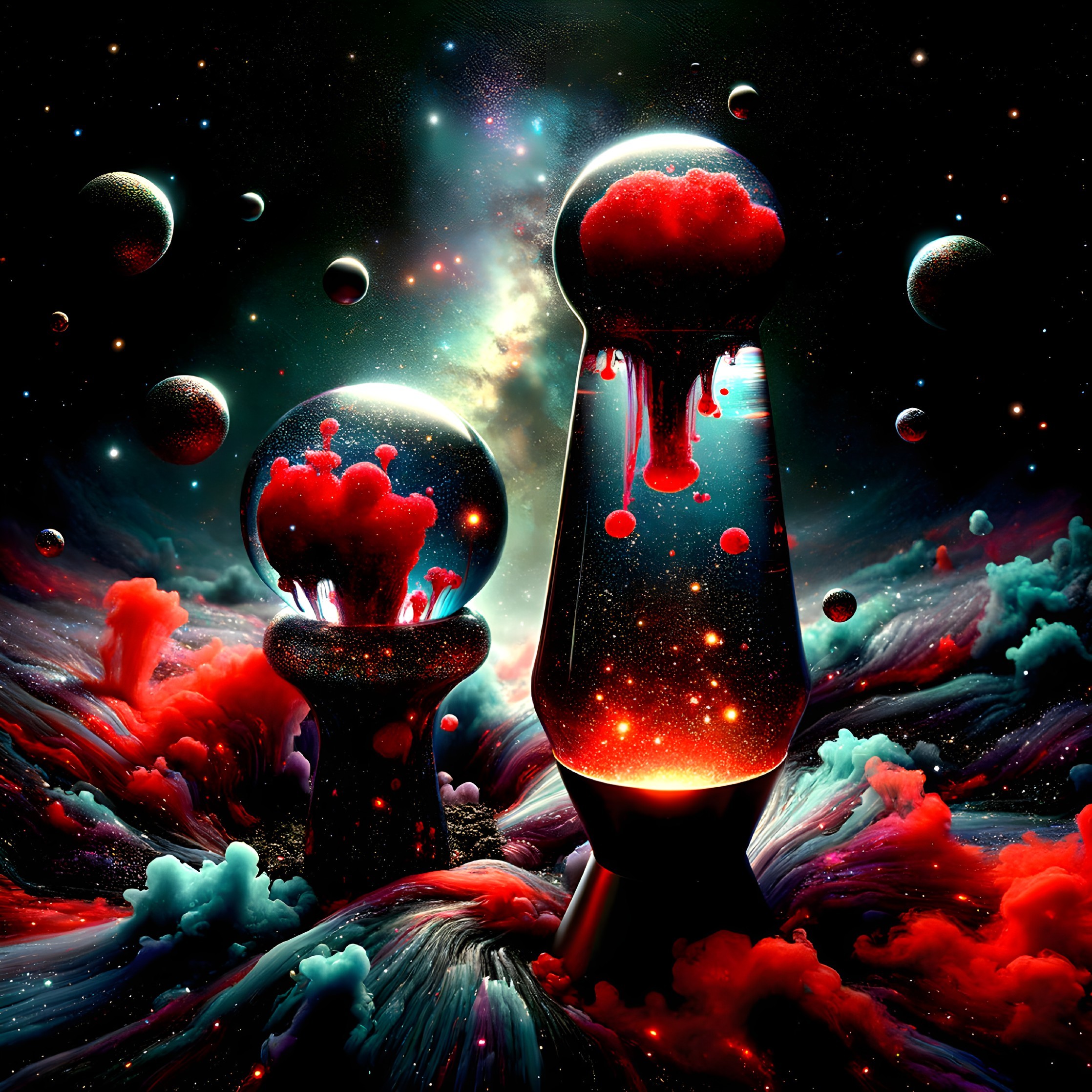 Lava Lamps in Cosmic Scene with Vibrant Colors