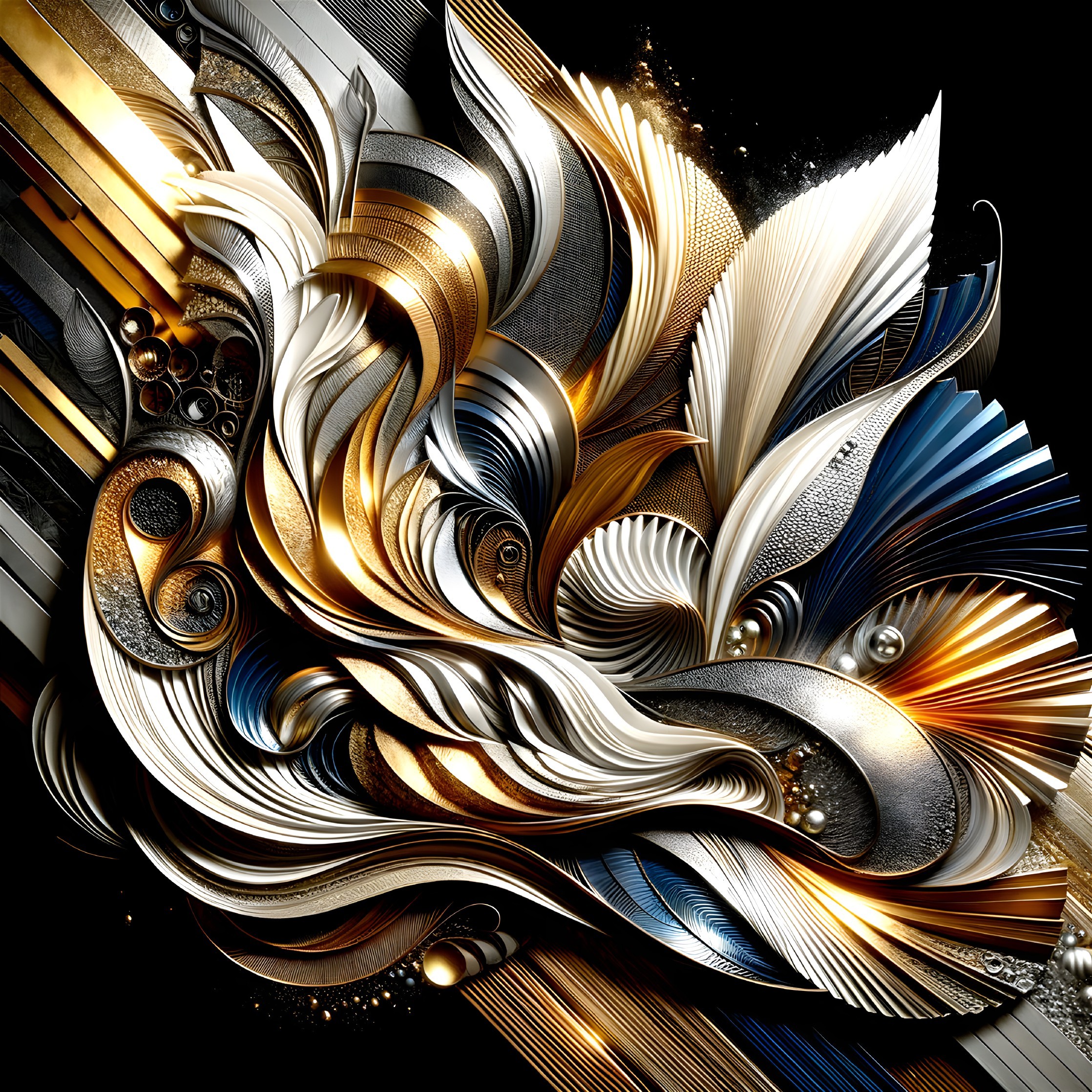 Abstract Digital Art with Gold, White, and Blue Swirls