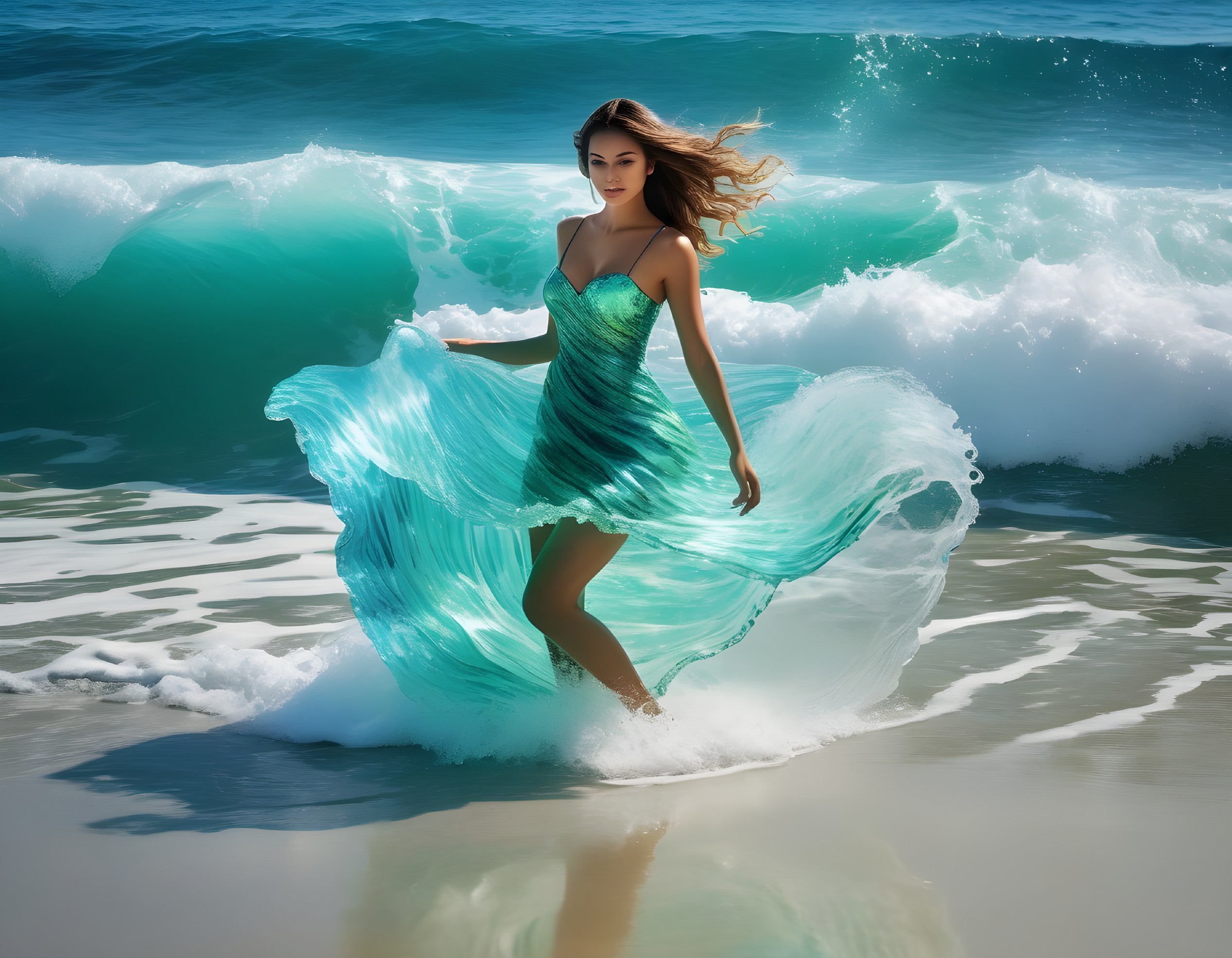 Young Woman Twirling in Aqua Dress by Ocean Waves