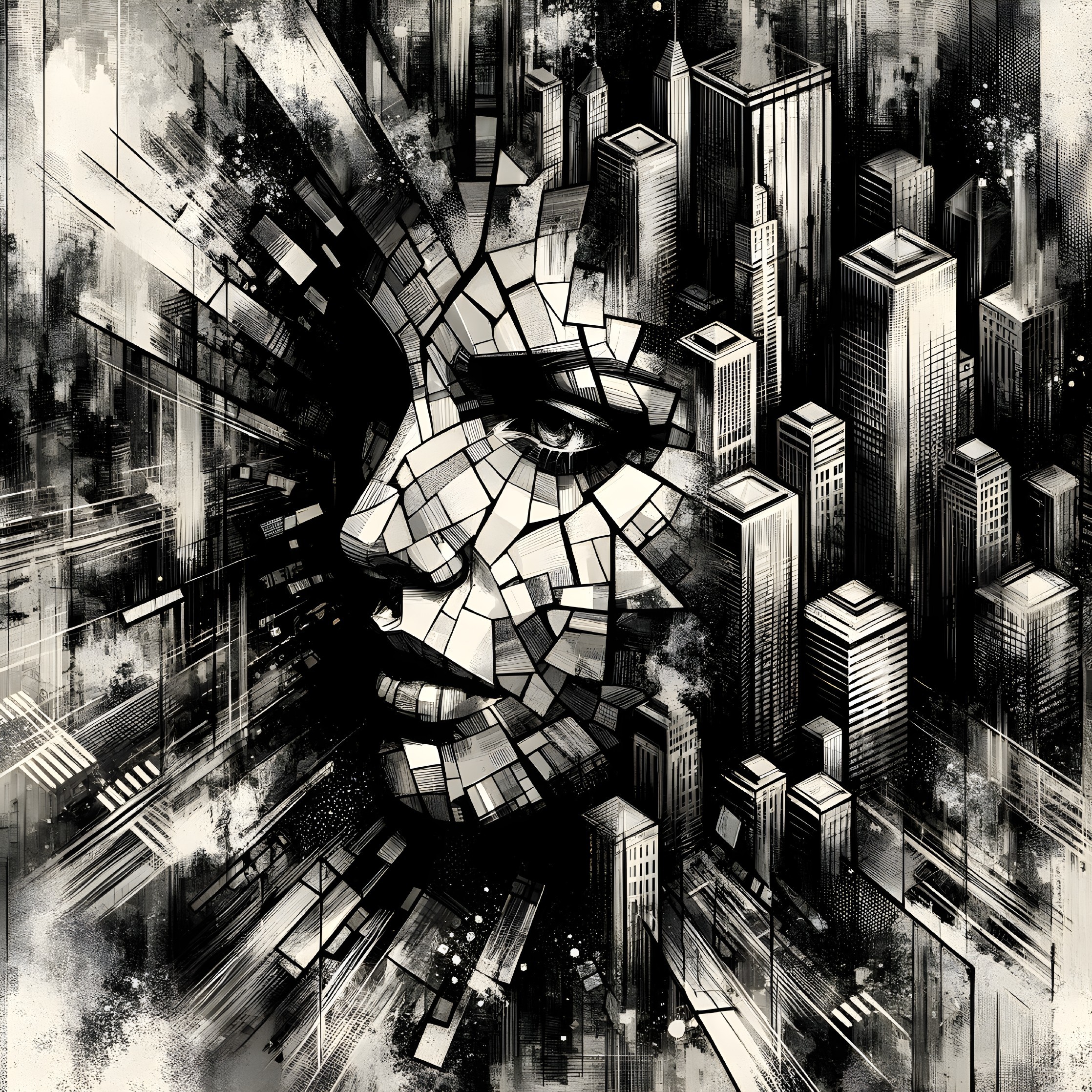 Human Face Merging with Fragmented Cityscape in Grayscale