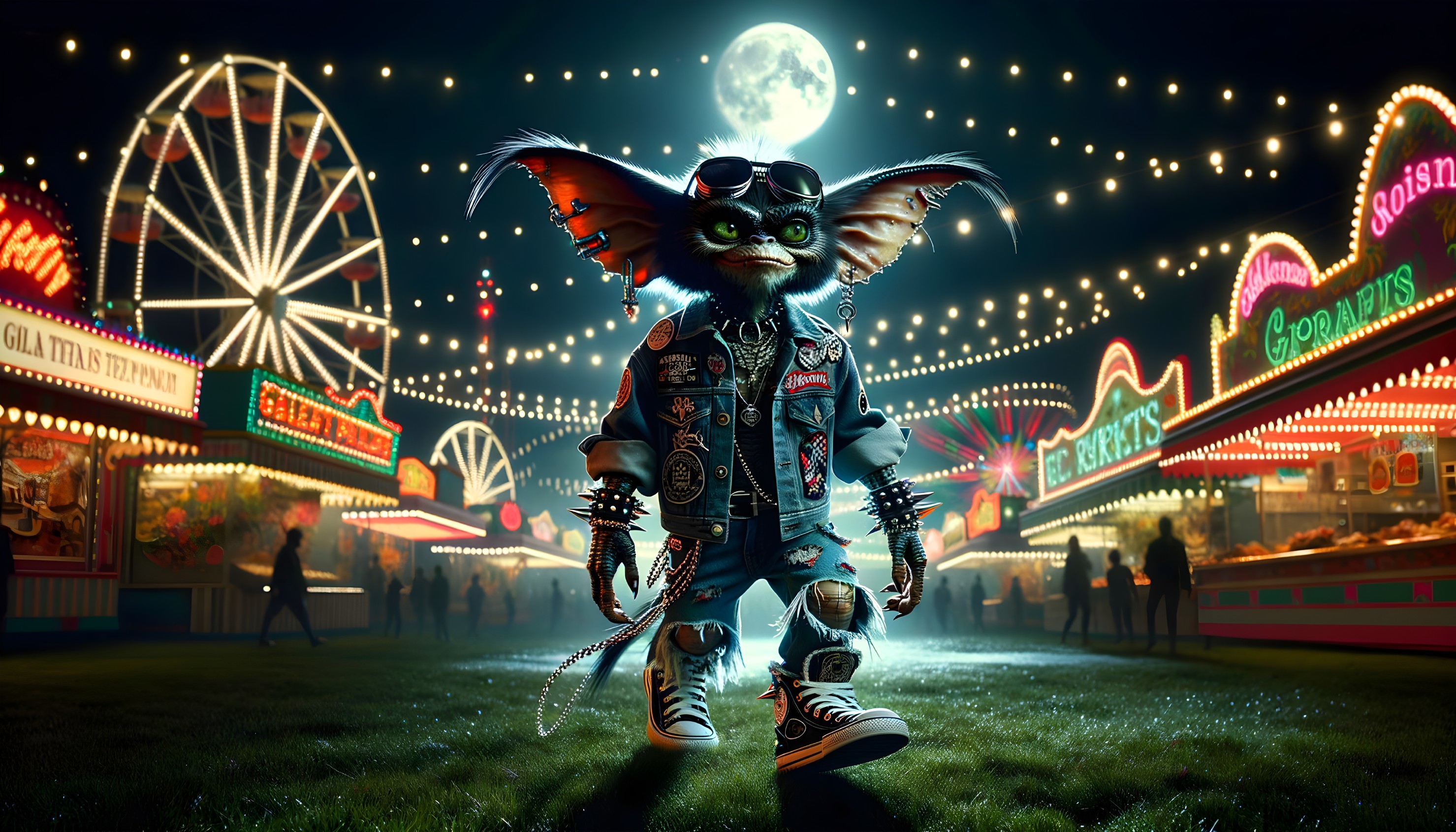 Stylized gremlin at vibrant night carnival scene