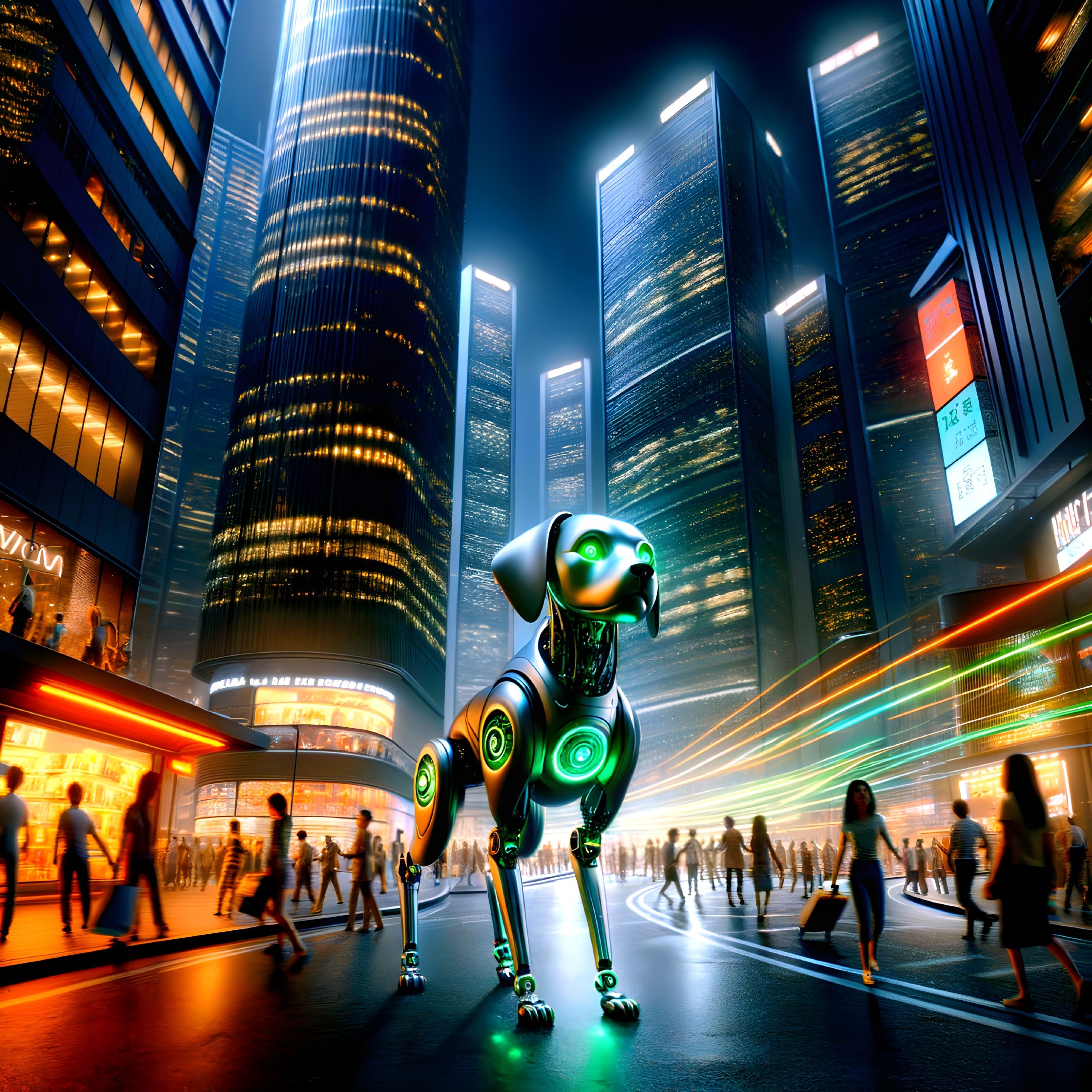 Futuristic Cityscape with Neon Lights and Robotic Dog