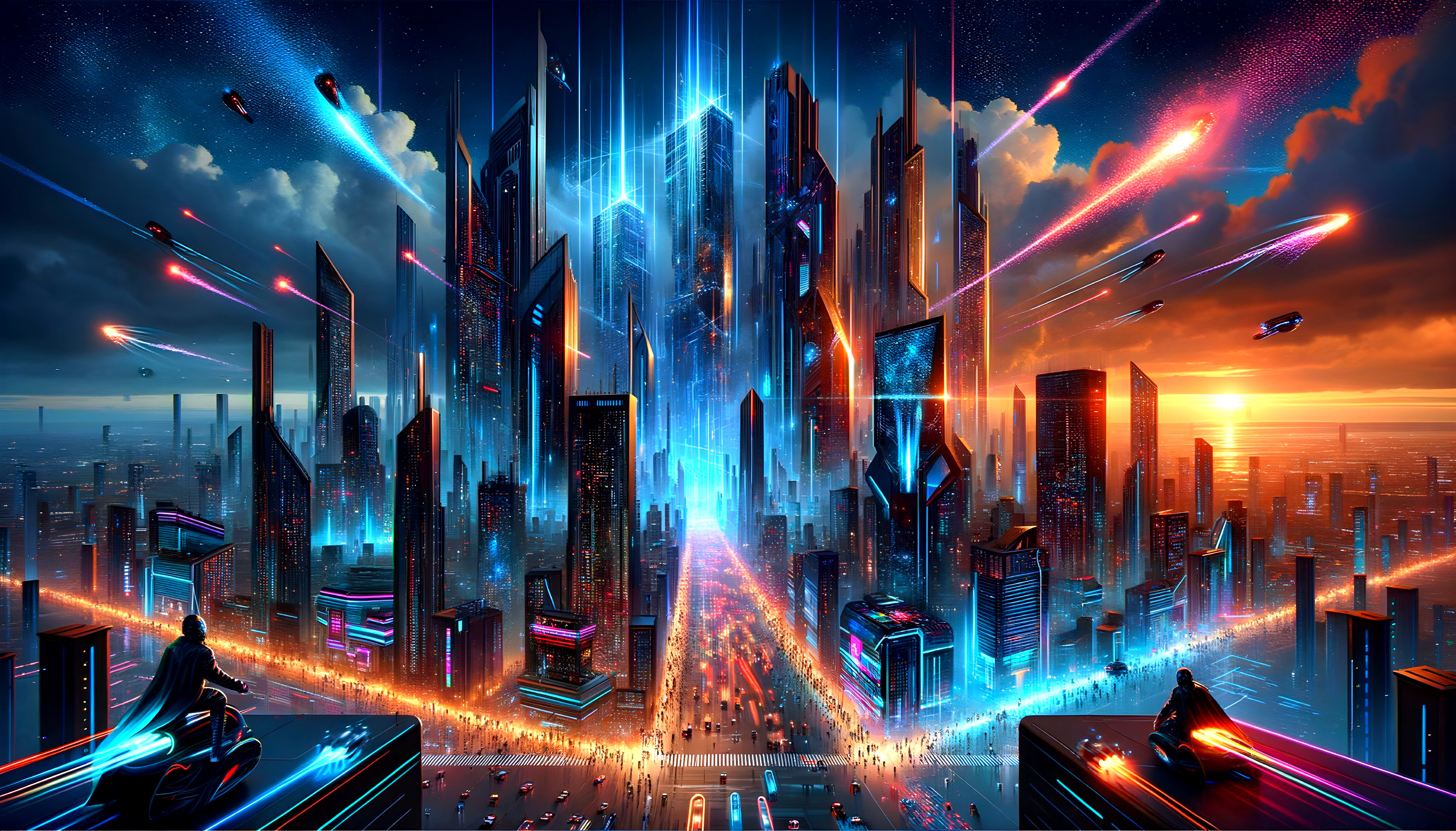 Futuristic cityscape with neon lights and flying vehicles