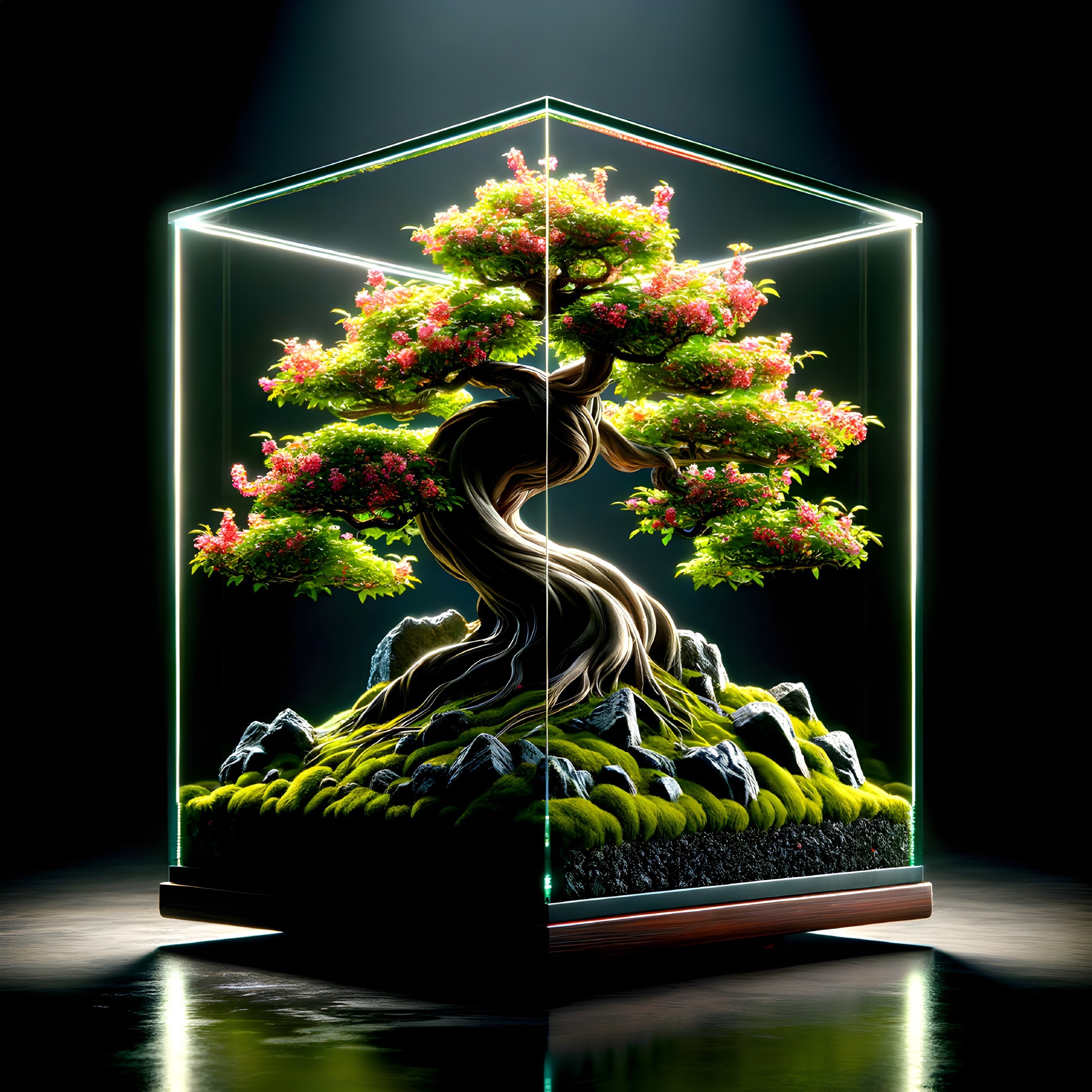 Vibrant Bonsai Tree in Glass Cube with Neon Edges