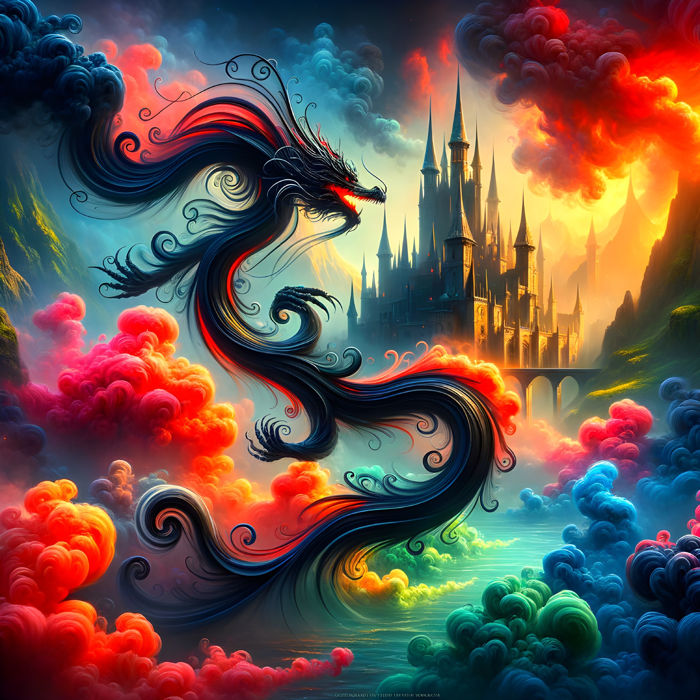 Majestic dragon and castle in a vibrant fantasy sky