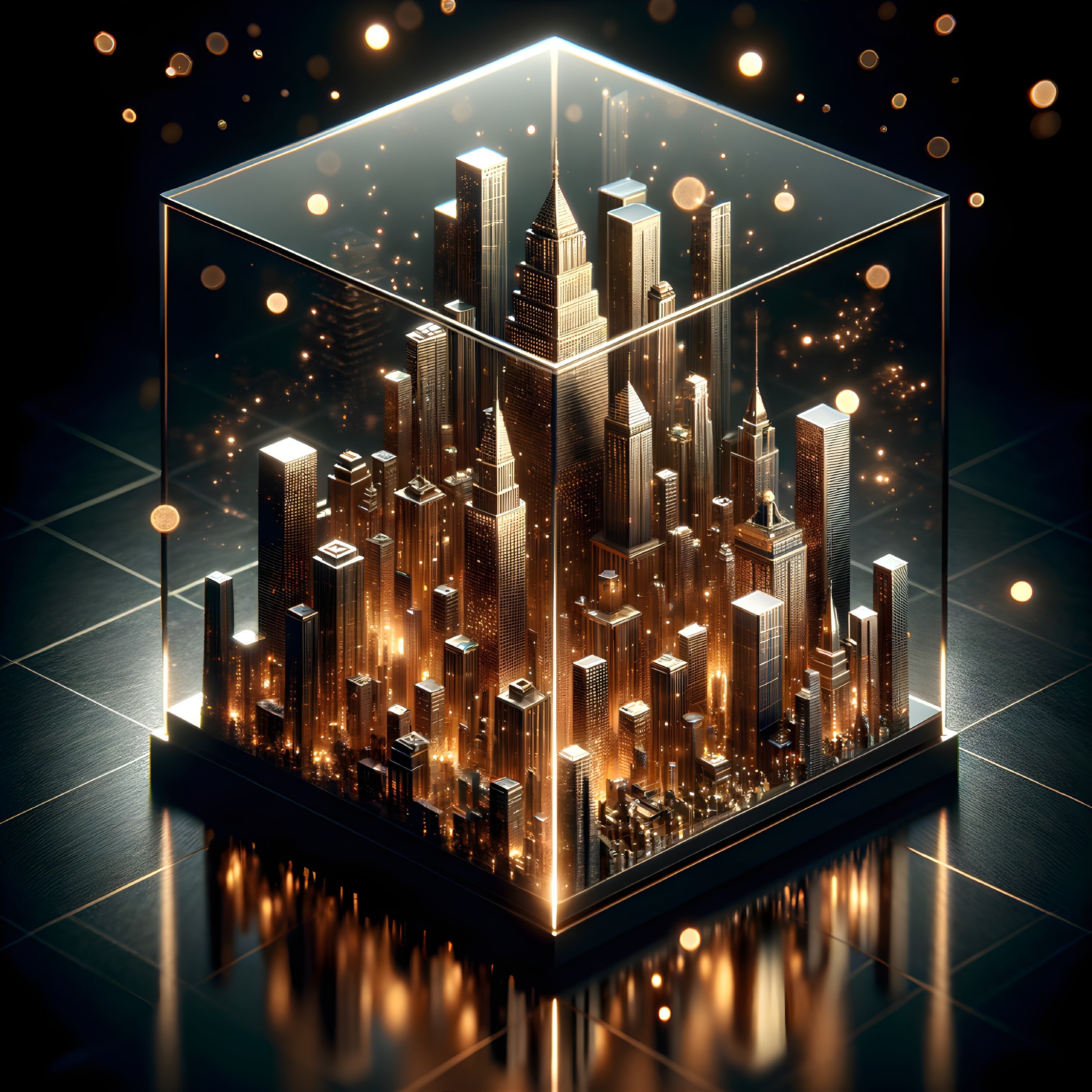 Luminous Futuristic Cityscape in Transparent Cube