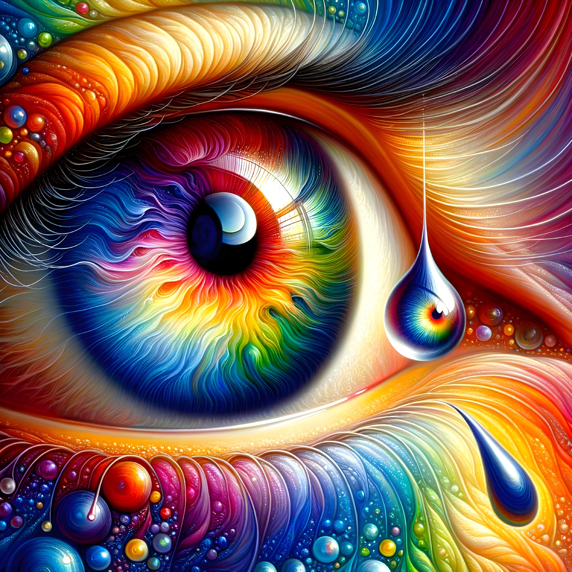 Vibrant Rainbow Eye with Abstract Patterns and Bubbles