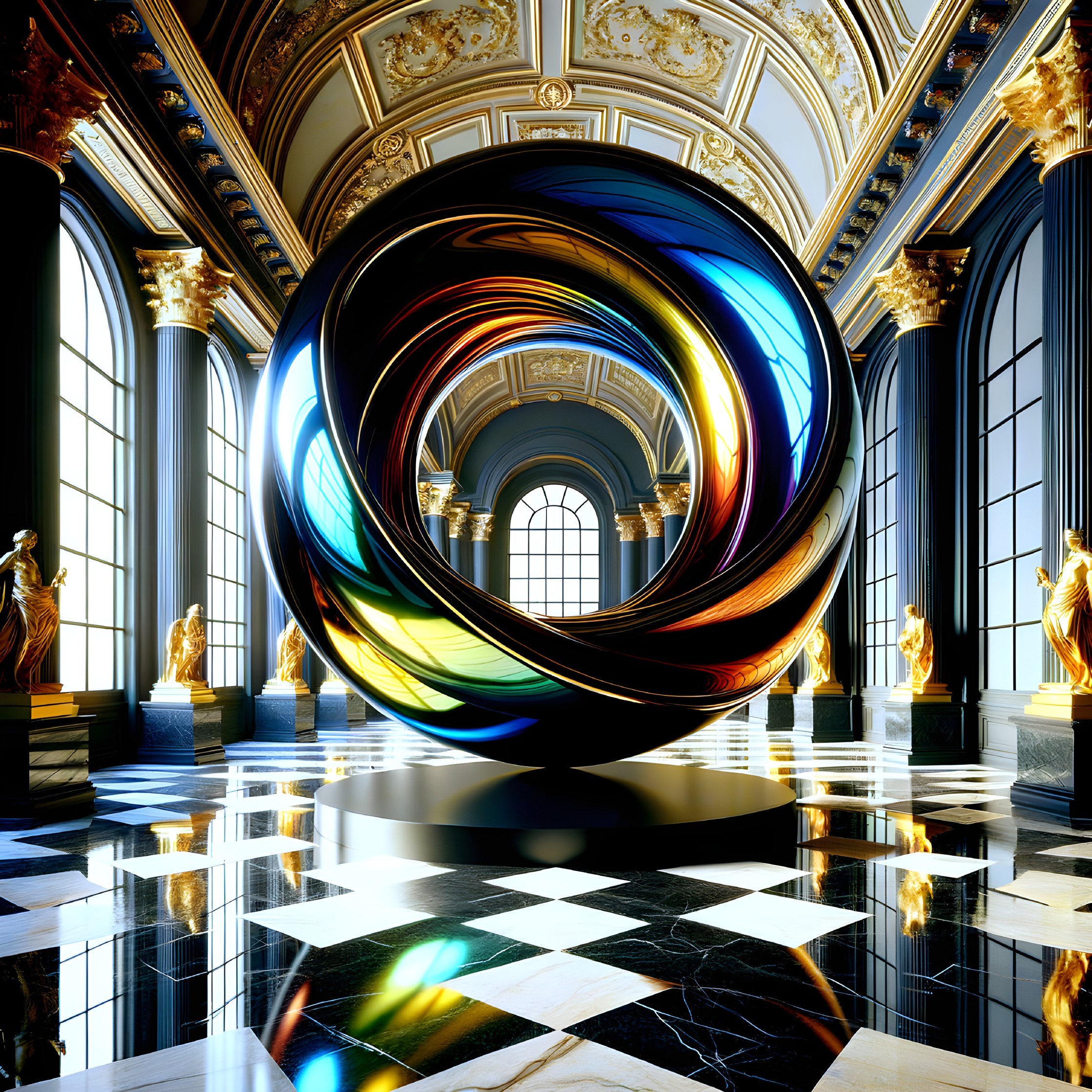 Abstract Colorful Swirl Sculpture in Grand Hall