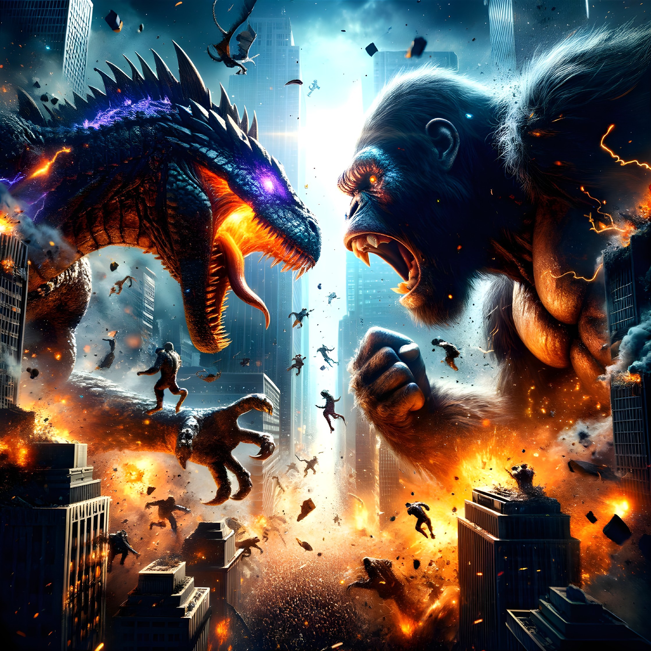 Giant Ape and Reptilian Monster Clash in Burning City