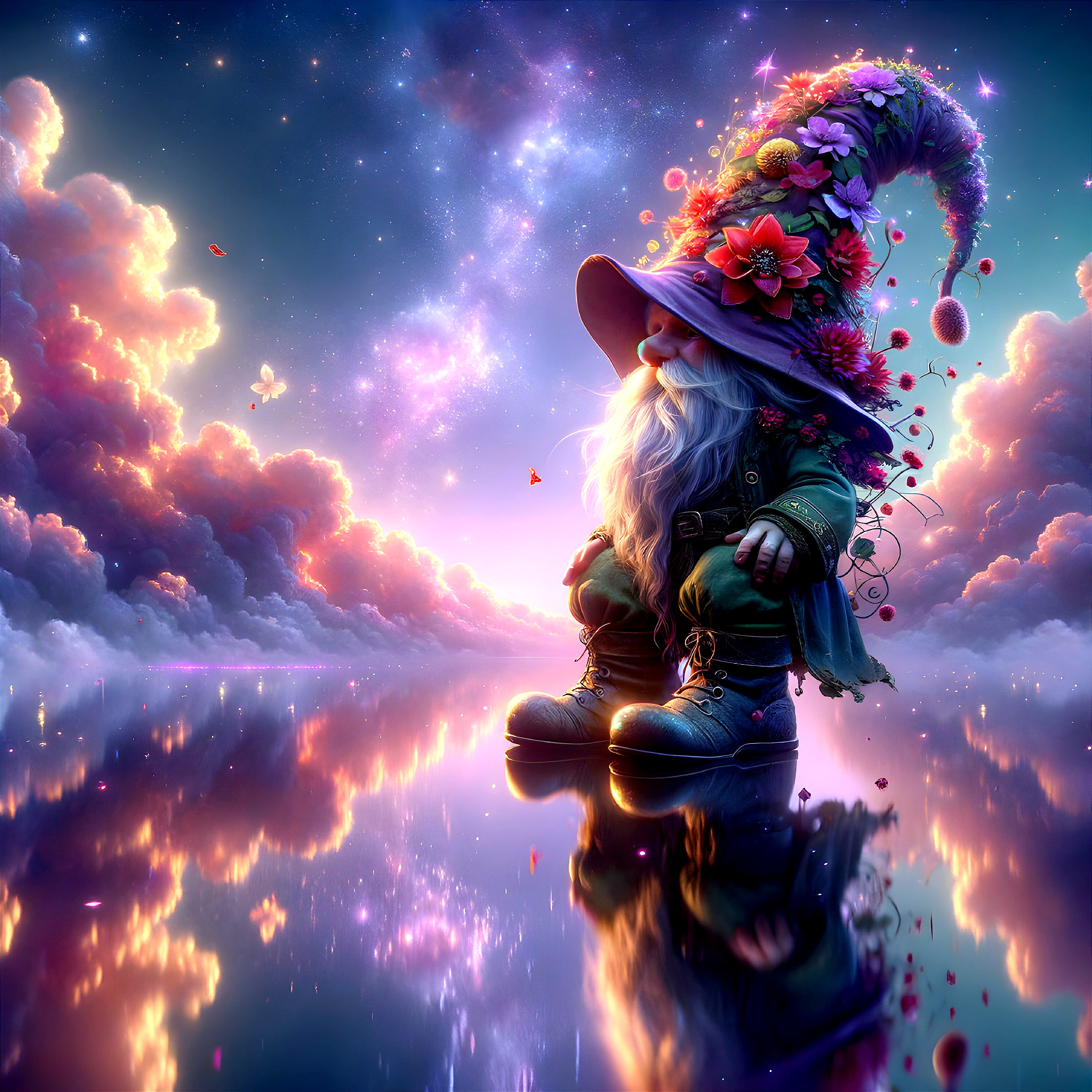 Whimsical Gnome in Dreamlike Floral Landscape