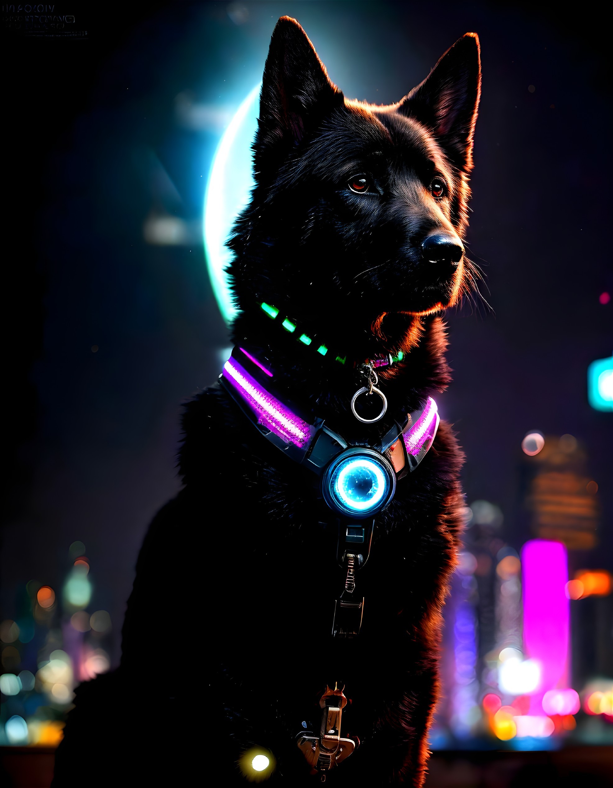 Black Dog with Glowing Collar in Neon Cityscape