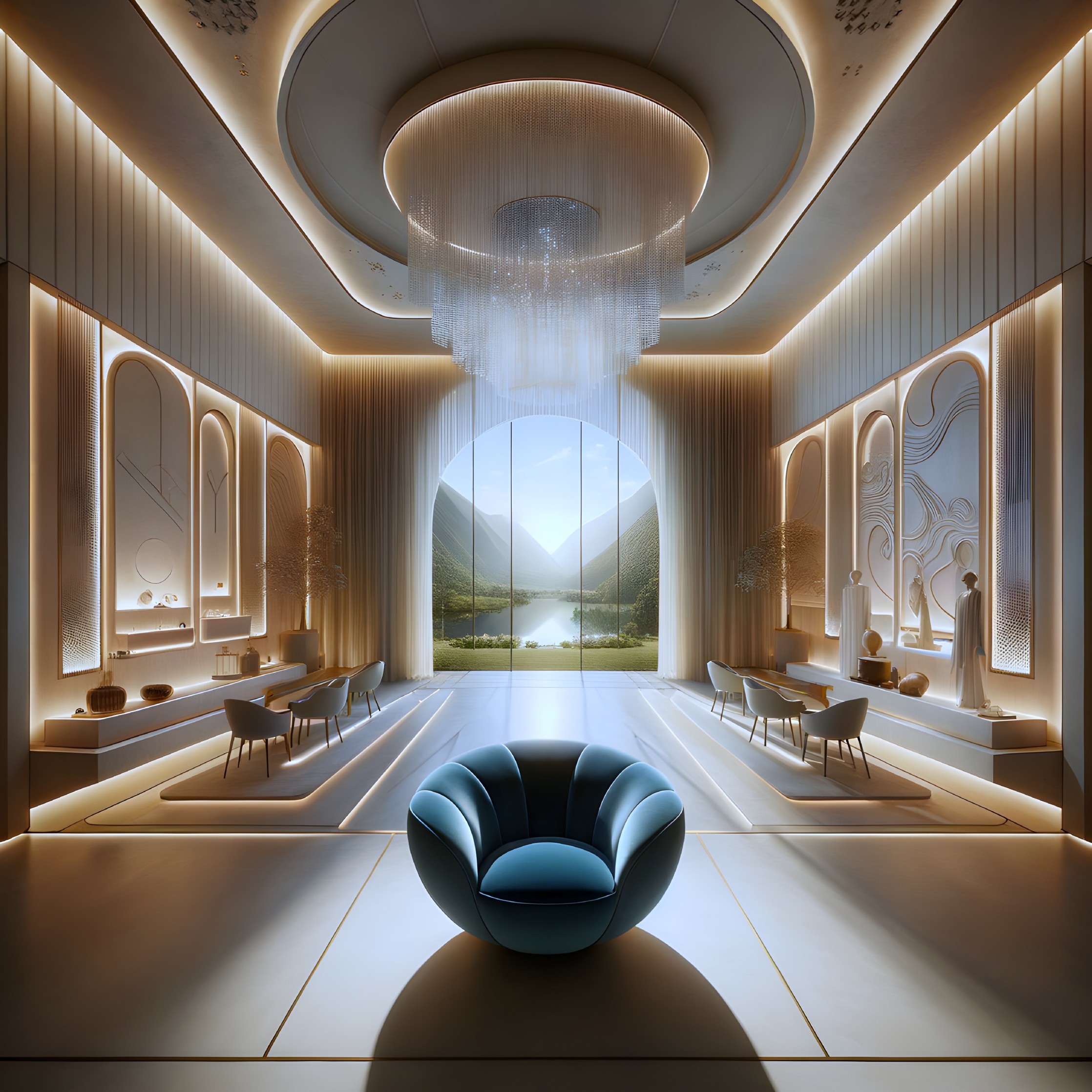 Modern Luxury Interior with Mountain View and Chandelier